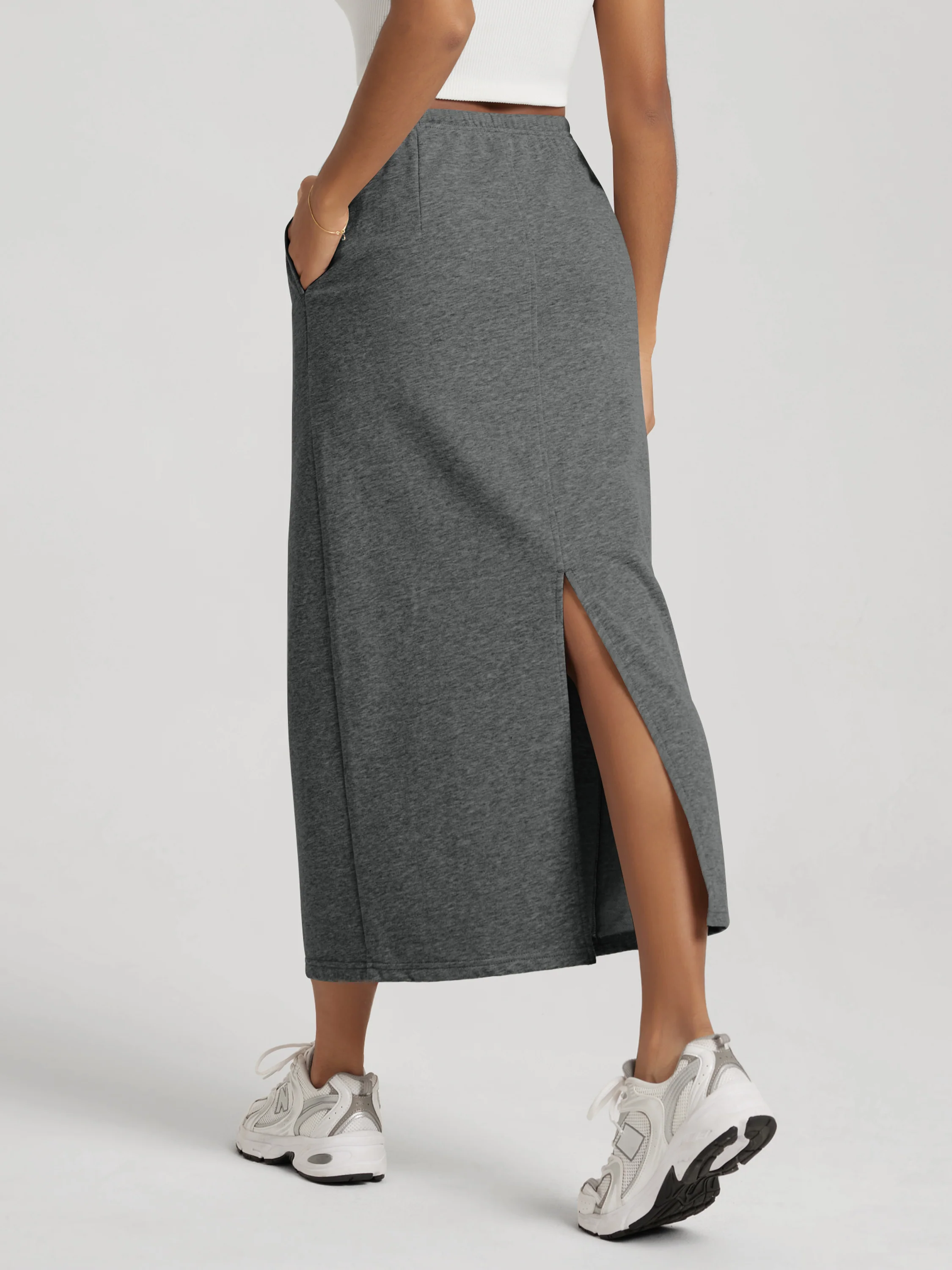 Back Split Drawstring Tie Midi Skirt with Pockets - Image 14