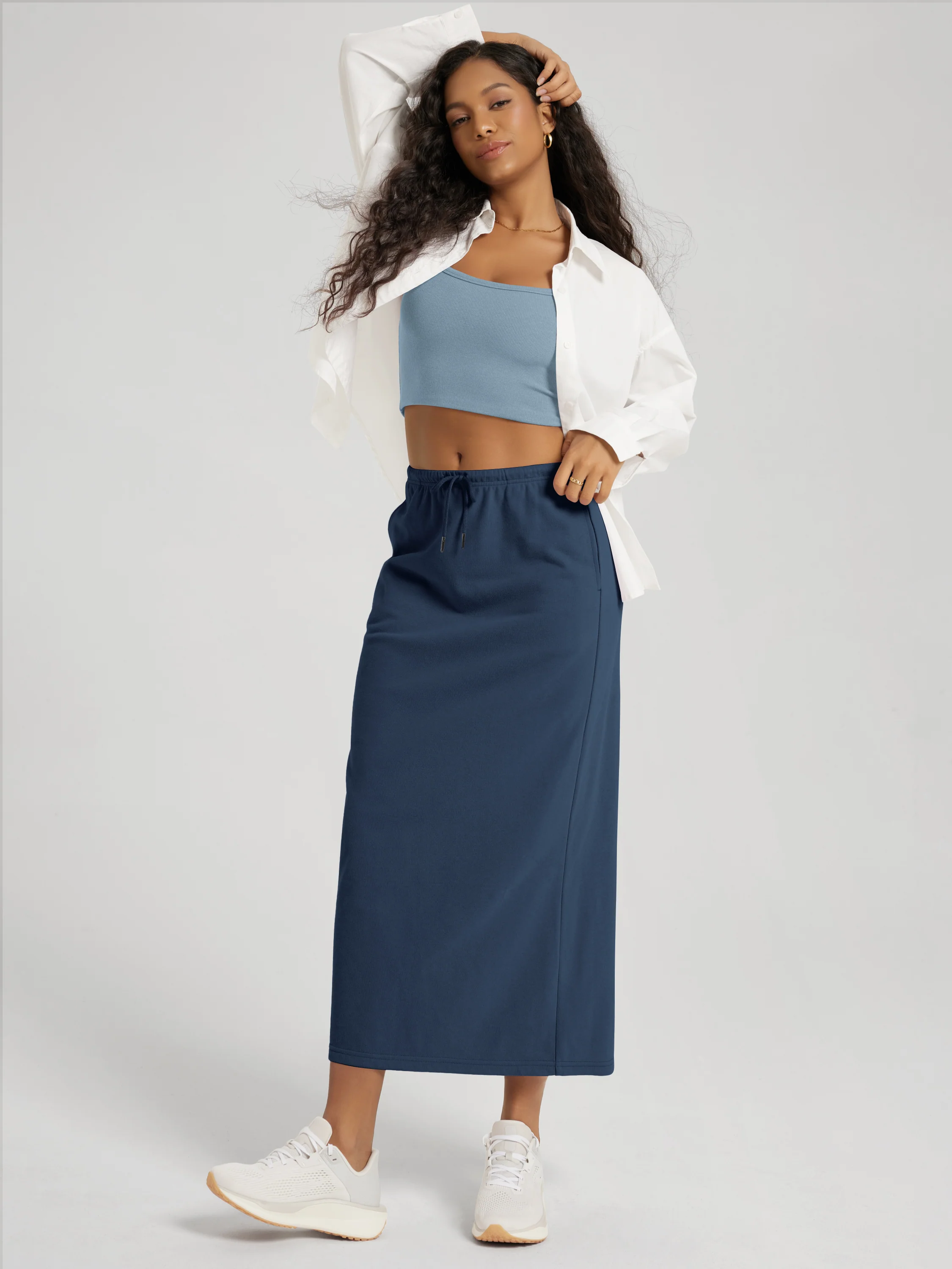 Back Split Drawstring Tie Midi Skirt with Pockets - Image 22