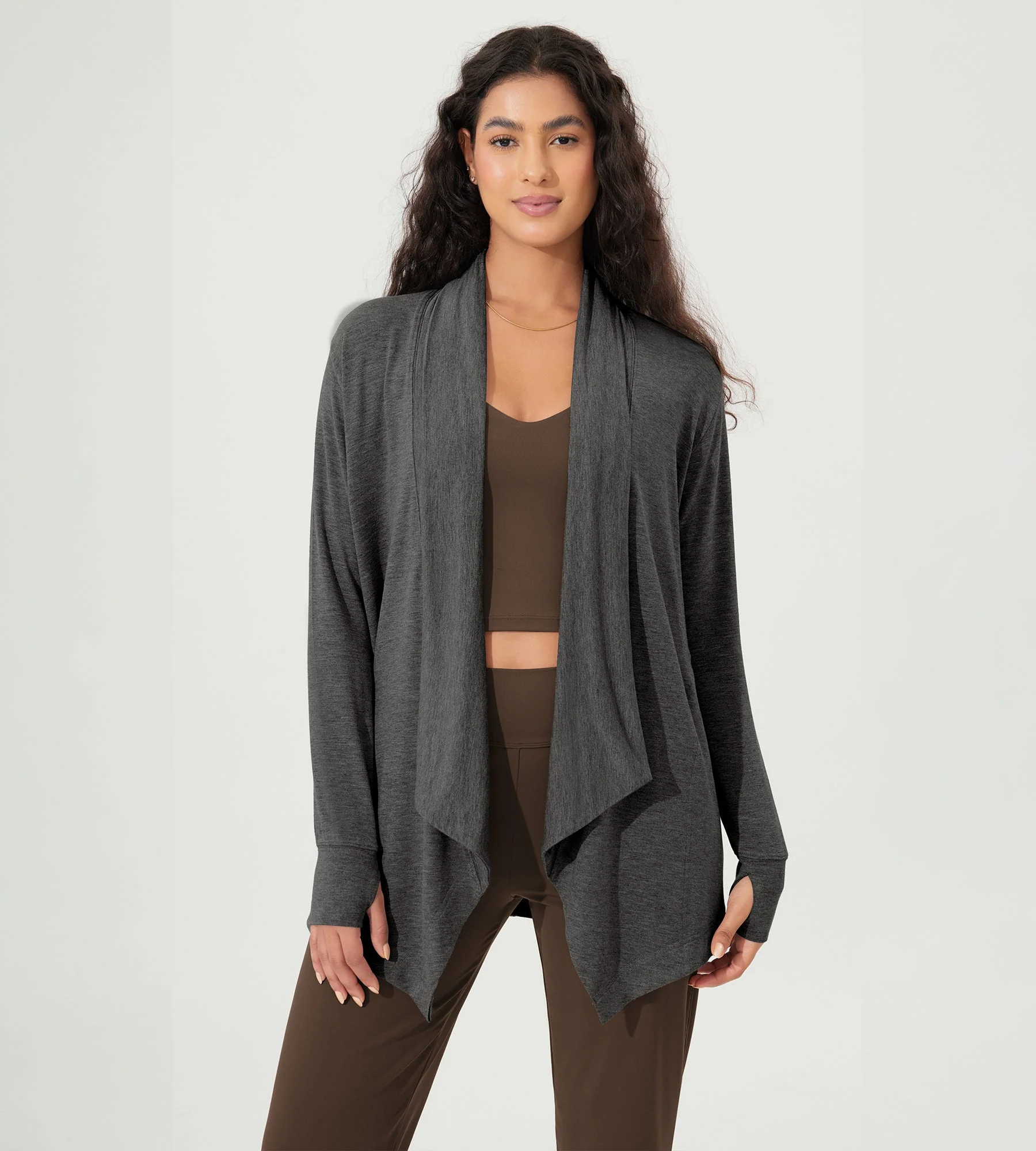 Drape Open Front Cozy Soft Cardigans Outerwear with Pockets Thumb Hole - Image 23