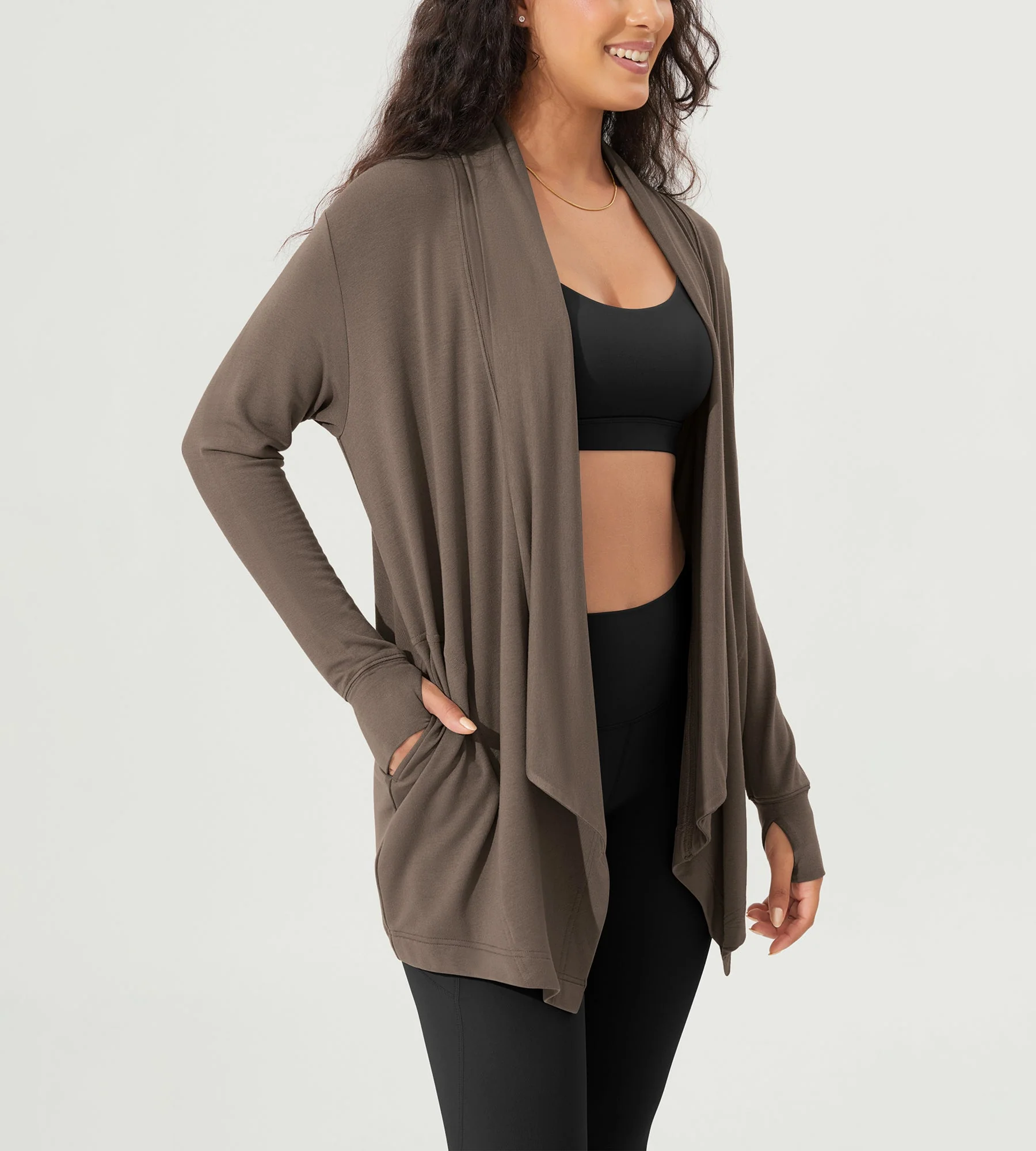 Drape Open Front Cozy Soft Cardigans Outerwear with Pockets Thumb Hole - Image 32