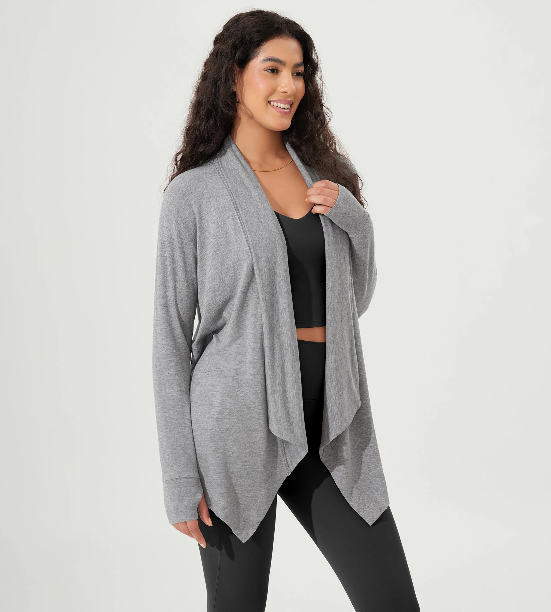 Drape Open Front Cozy Soft Cardigans Outerwear with Pockets Thumb Hole - Image 37