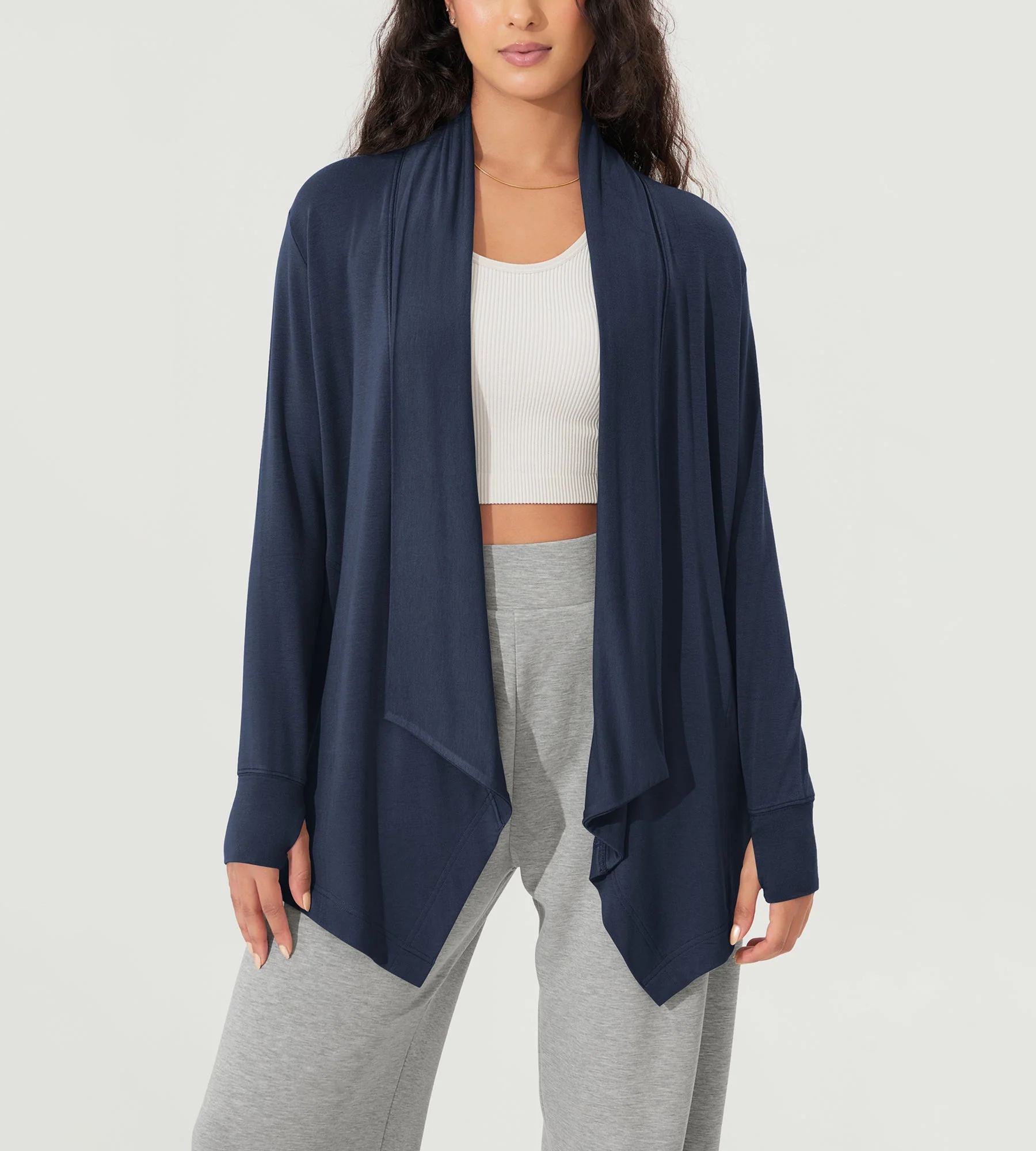 Drape Open Front Cozy Soft Cardigans Outerwear with Pockets Thumb Hole - Image 48