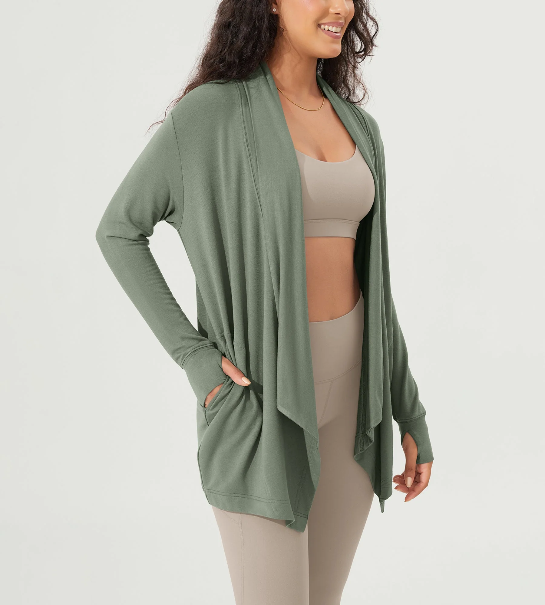Drape Open Front Cozy Soft Cardigans Outerwear with Pockets Thumb Hole - Image 56