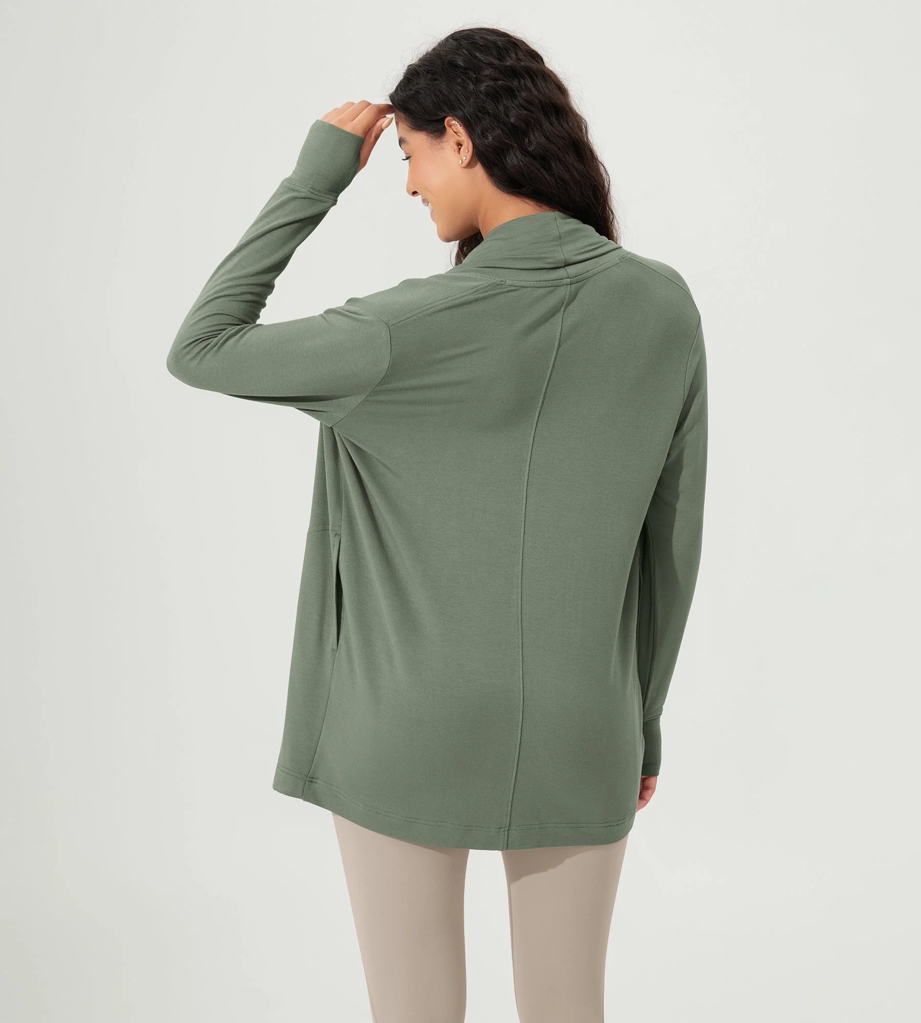 Drape Open Front Cozy Soft Cardigans Outerwear with Pockets Thumb Hole - Image 57