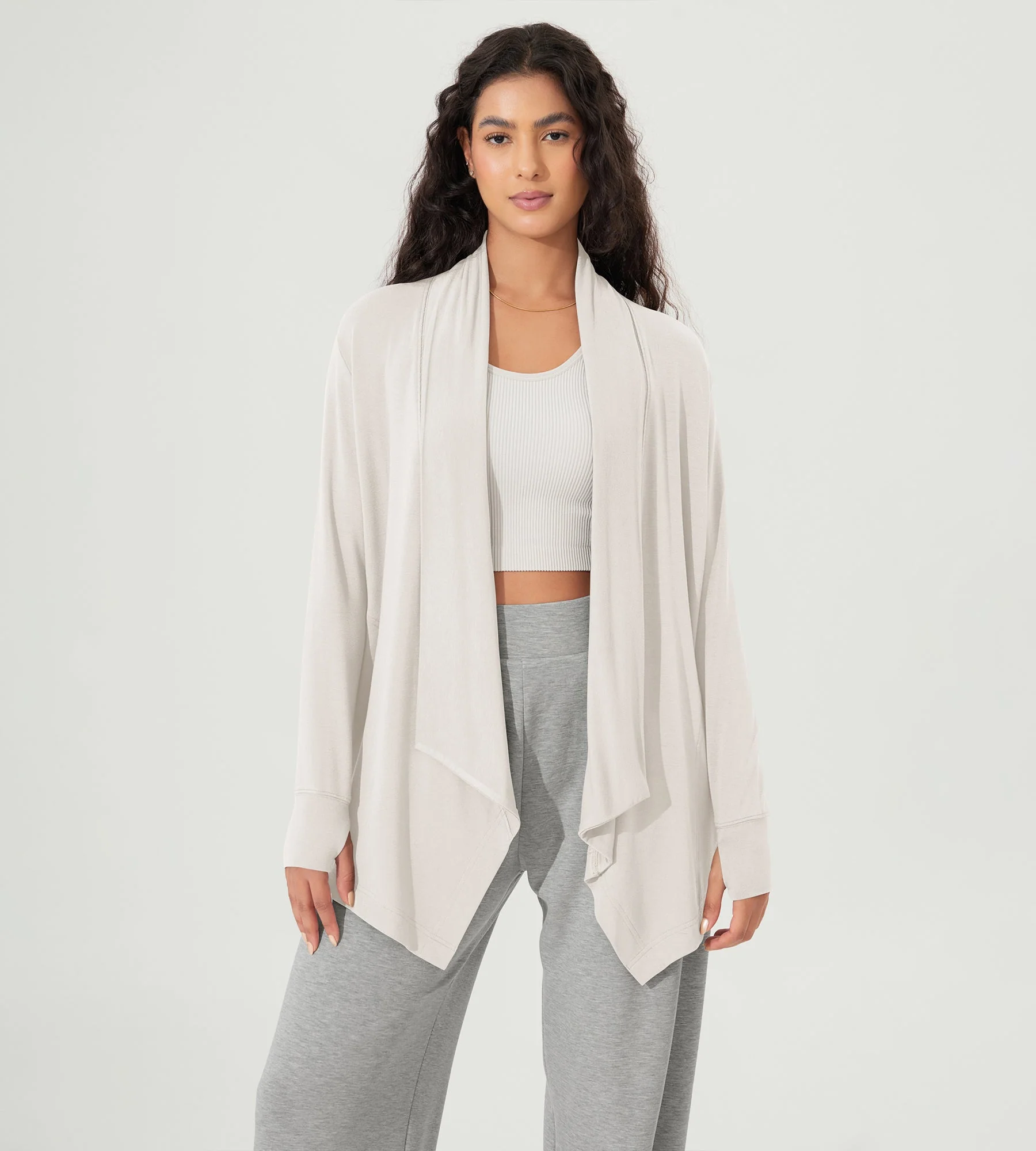 Drape Open Front Cozy Soft Cardigans Outerwear with Pockets Thumb Hole - Image 65