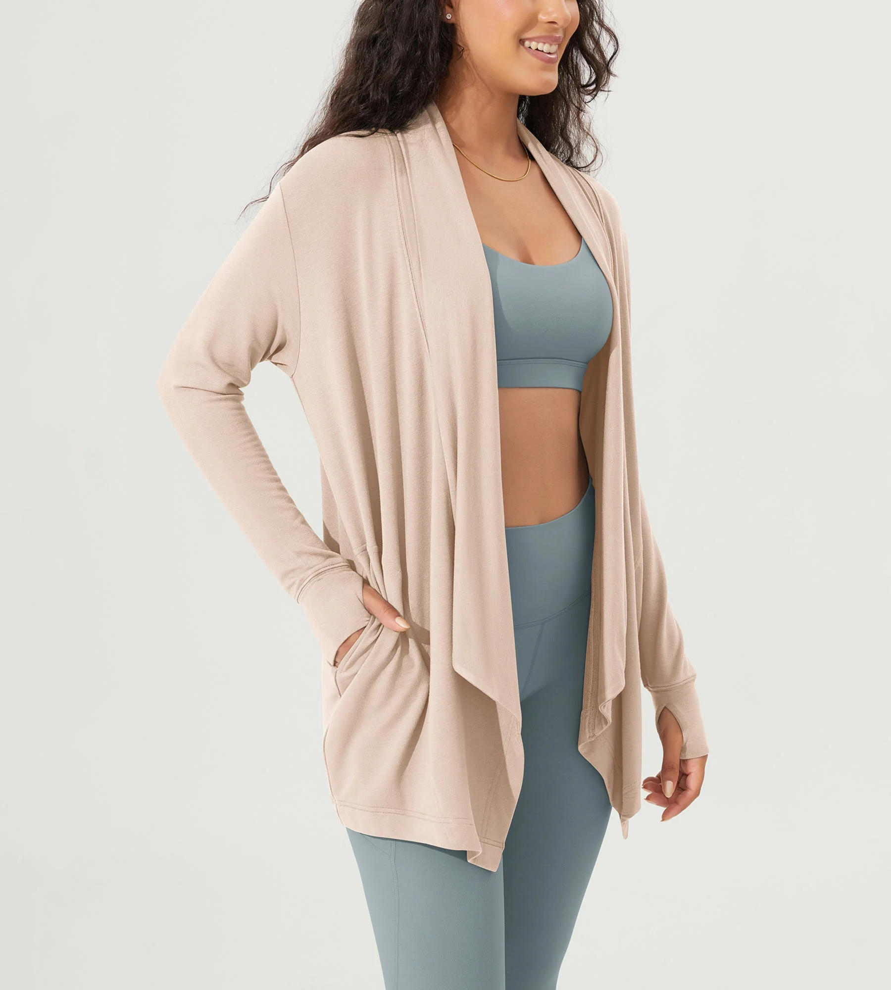 Drape Open Front Cozy Soft Cardigans Outerwear with Pockets Thumb Hole - Image 8