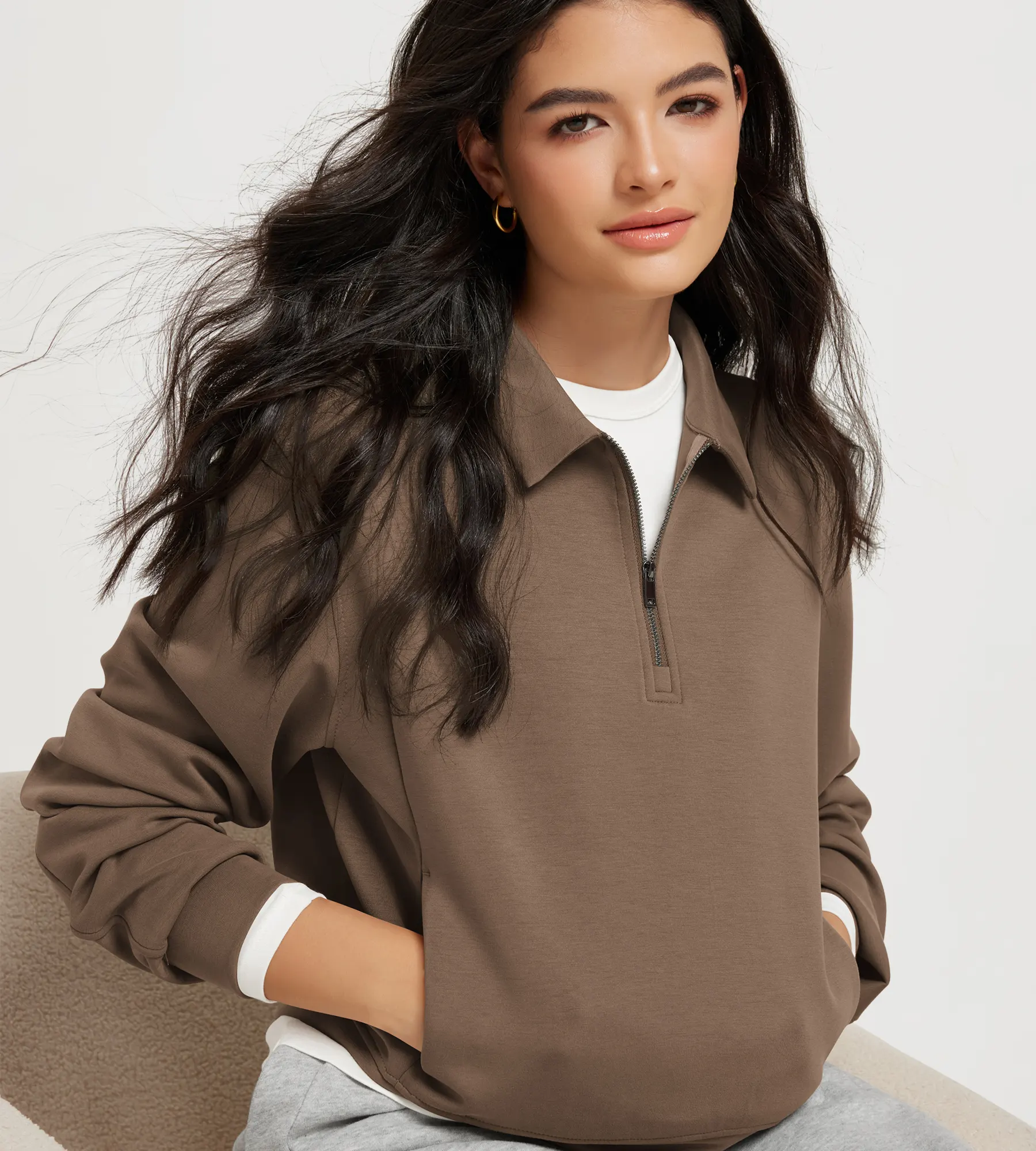 Modal Half-Zip Collared Sweatshirts with Pockets - Image 38