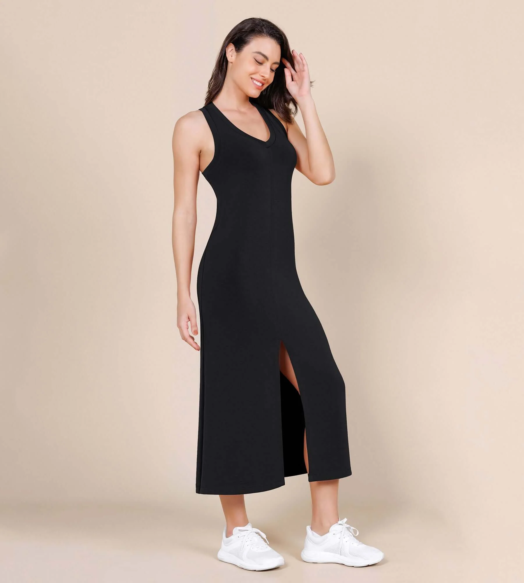 Modal Soft Front Split V Neck Midi Tank Dress - Image 16