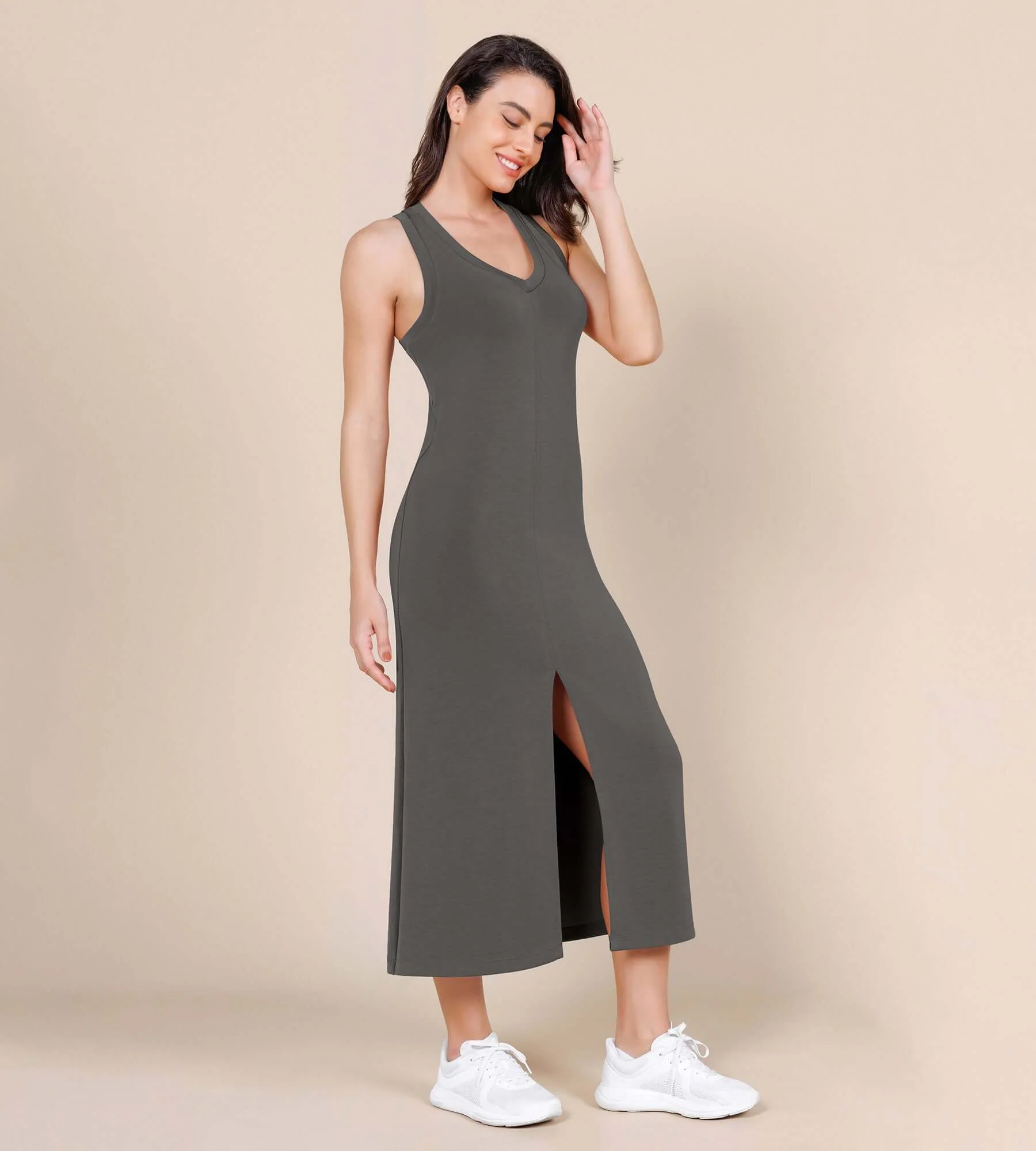 Modal Soft Front Split V Neck Midi Tank Dress - Image 22