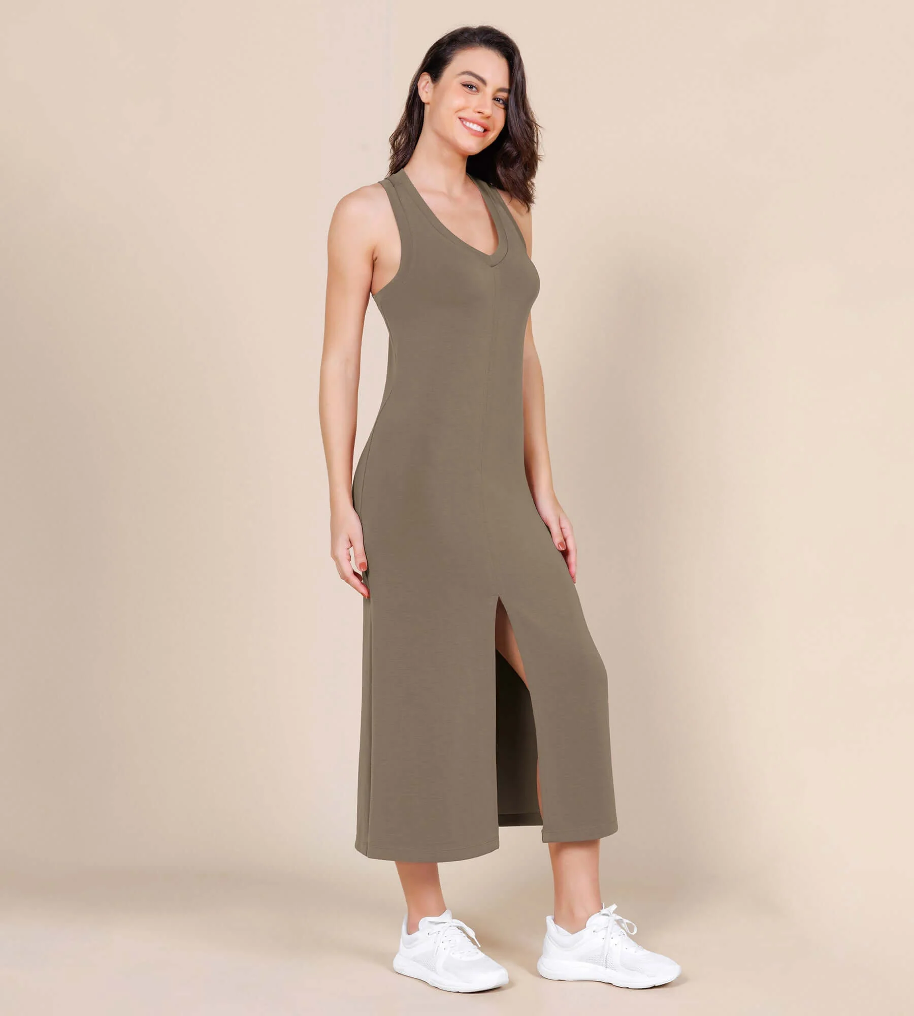 Modal Soft Front Split V Neck Midi Tank Dress - Image 37
