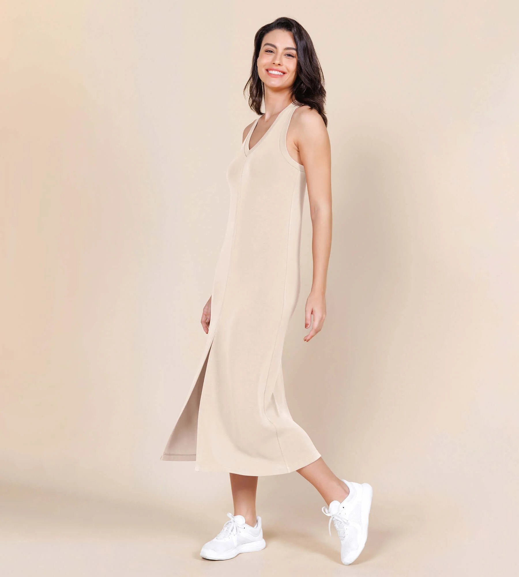 Modal Soft Front Split V Neck Midi Tank Dress - Image 6