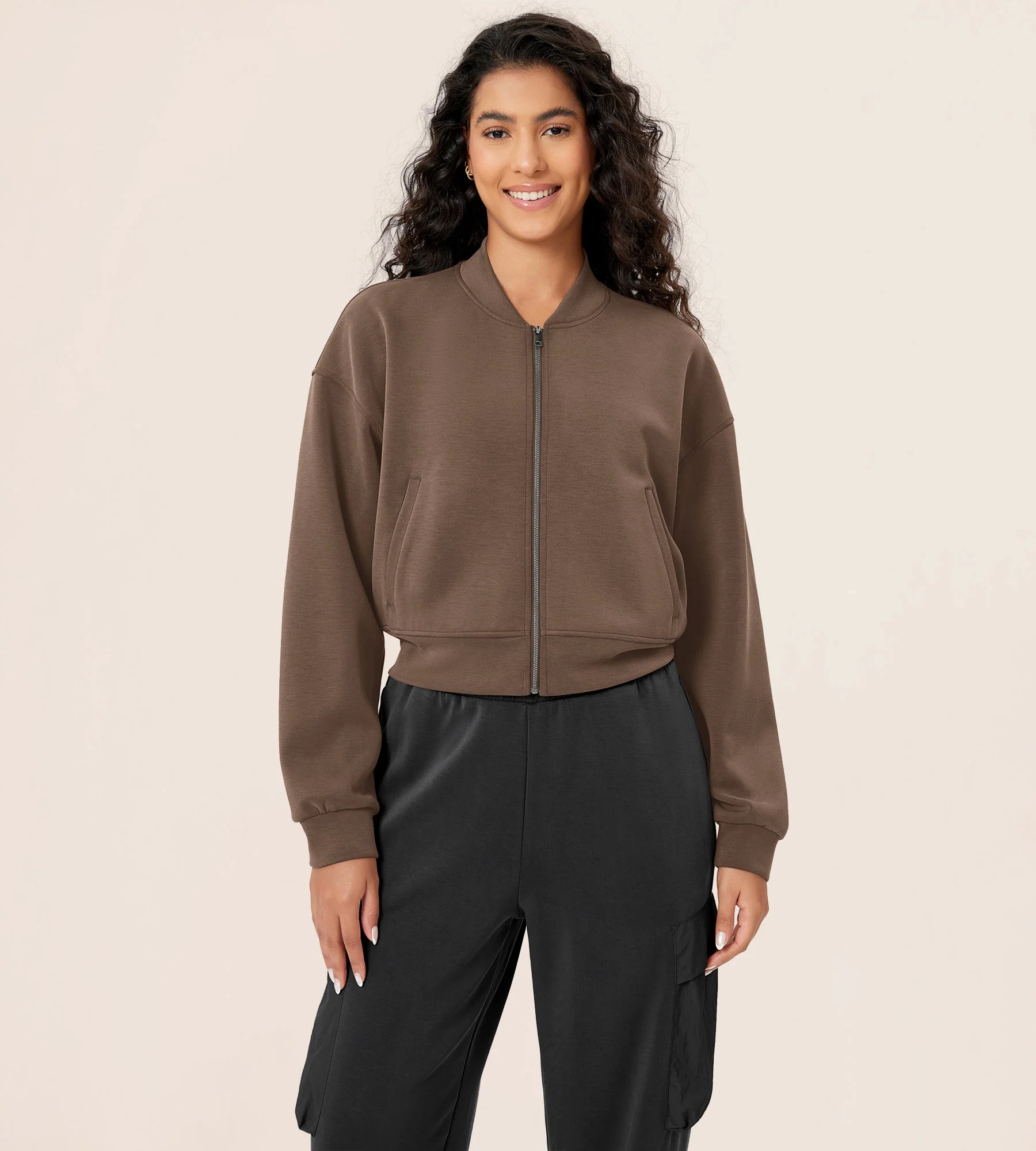 Modal Soft Full-Zip Bomber Casual Outfit Crop Jacket with Pockets