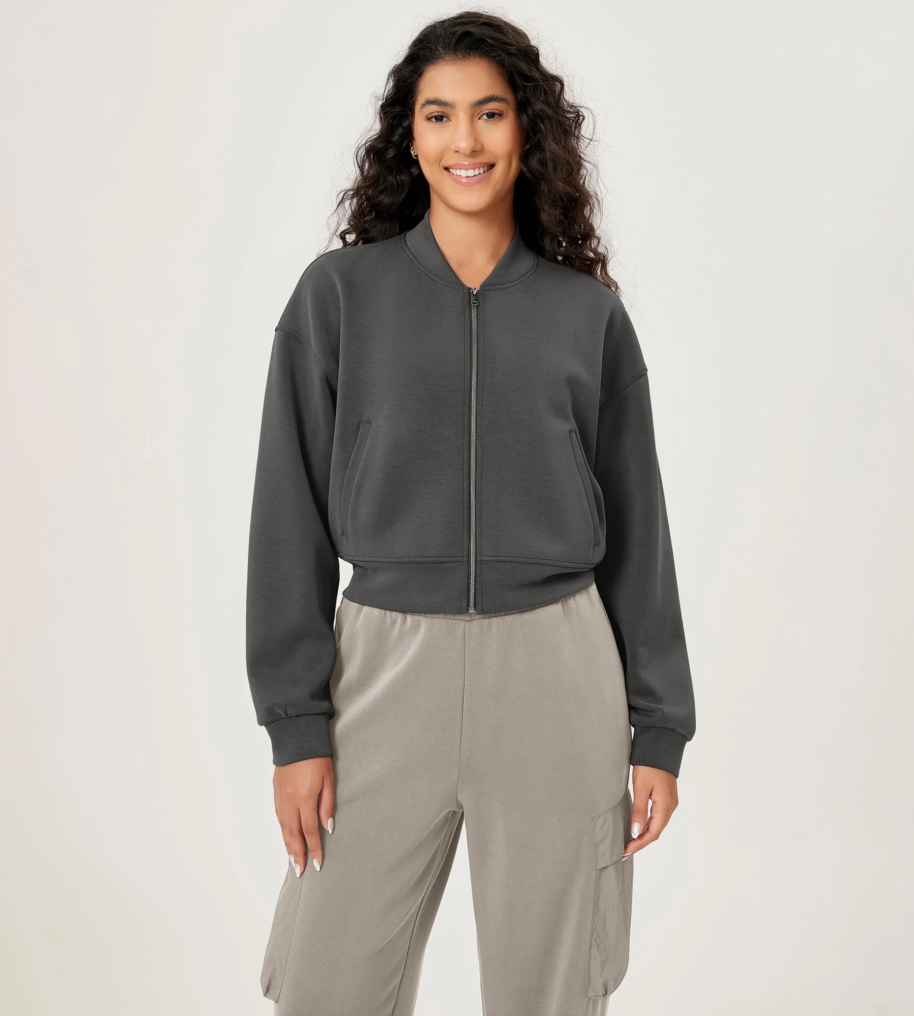 Modal Soft Full-Zip Bomber Casual Outfit Crop Jacket with Pockets - Image 15