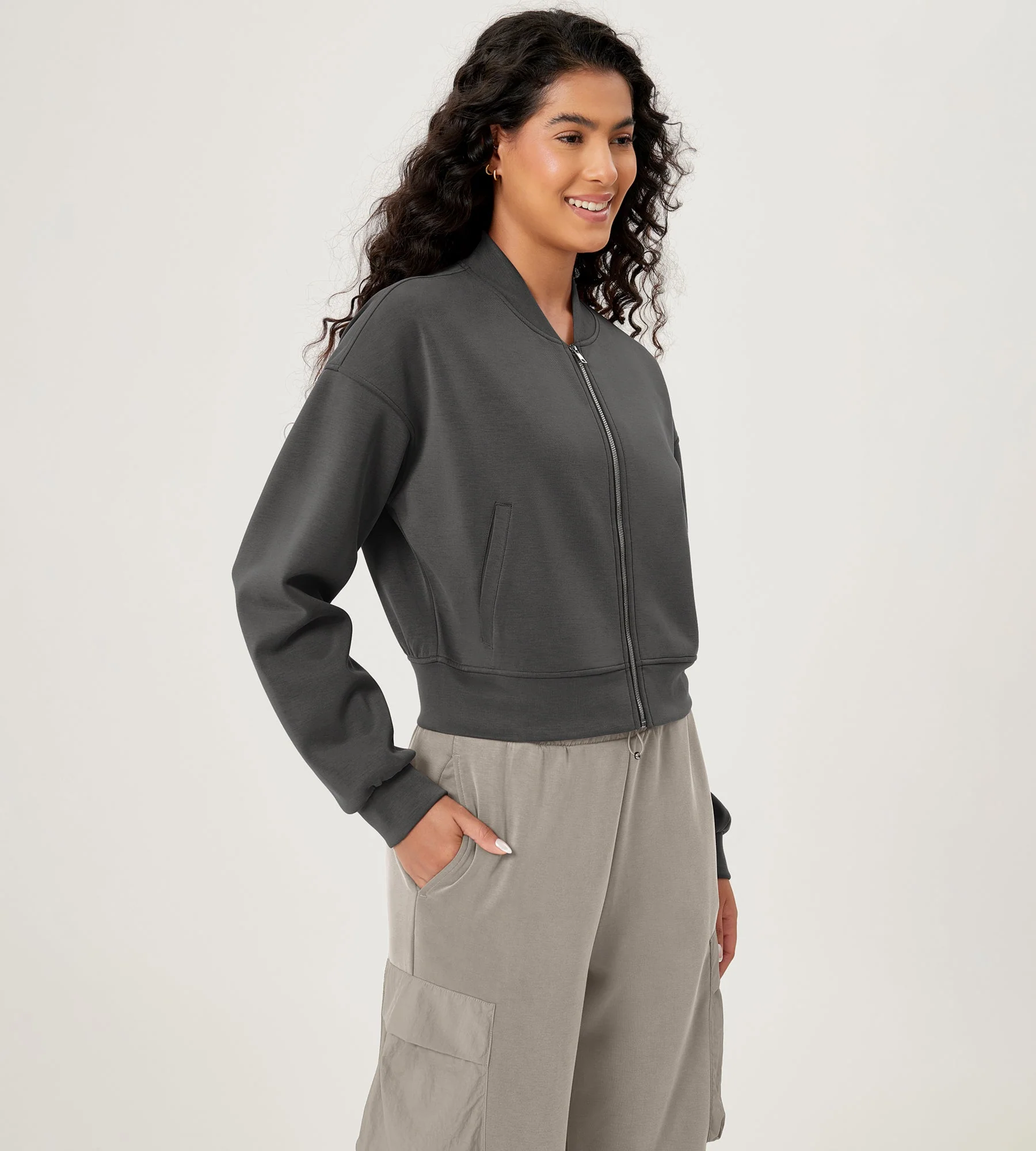 Modal Soft Full-Zip Bomber Casual Outfit Crop Jacket with Pockets - Image 16