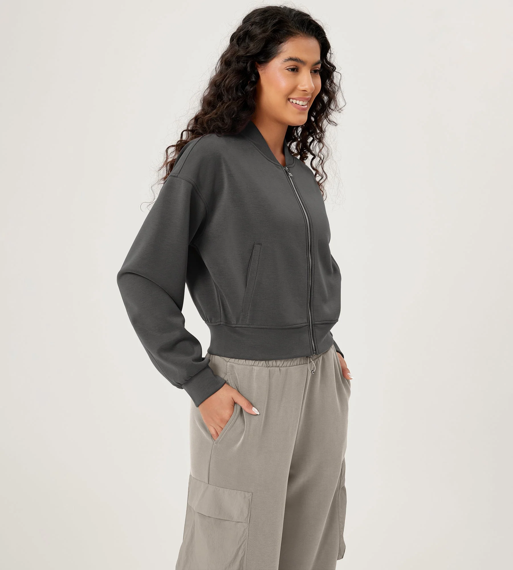 Modal Soft Full-Zip Bomber Casual Outfit Crop Jacket with Pockets - Image 17