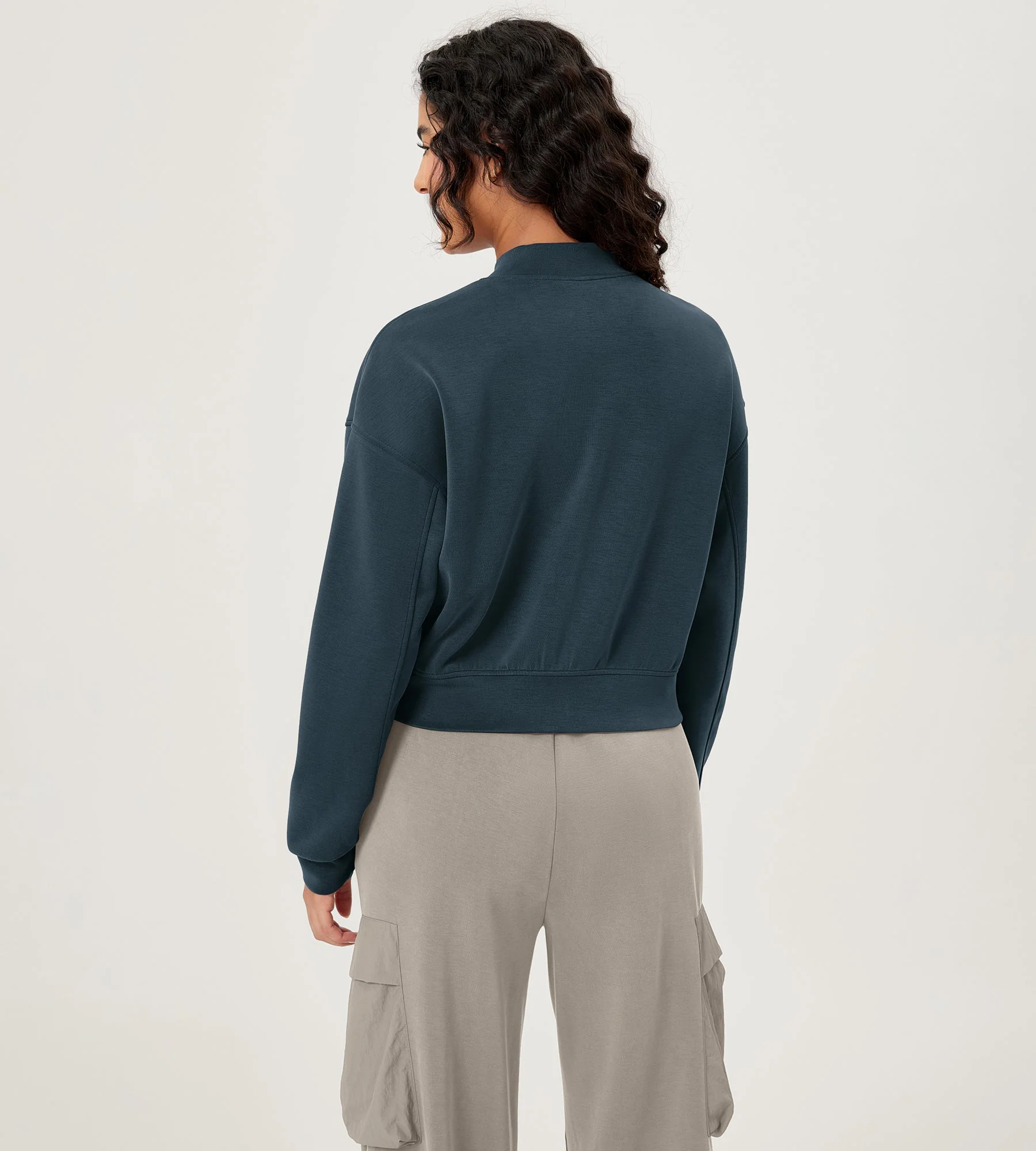 Modal Soft Full-Zip Bomber Casual Outfit Crop Jacket with Pockets - Image 21