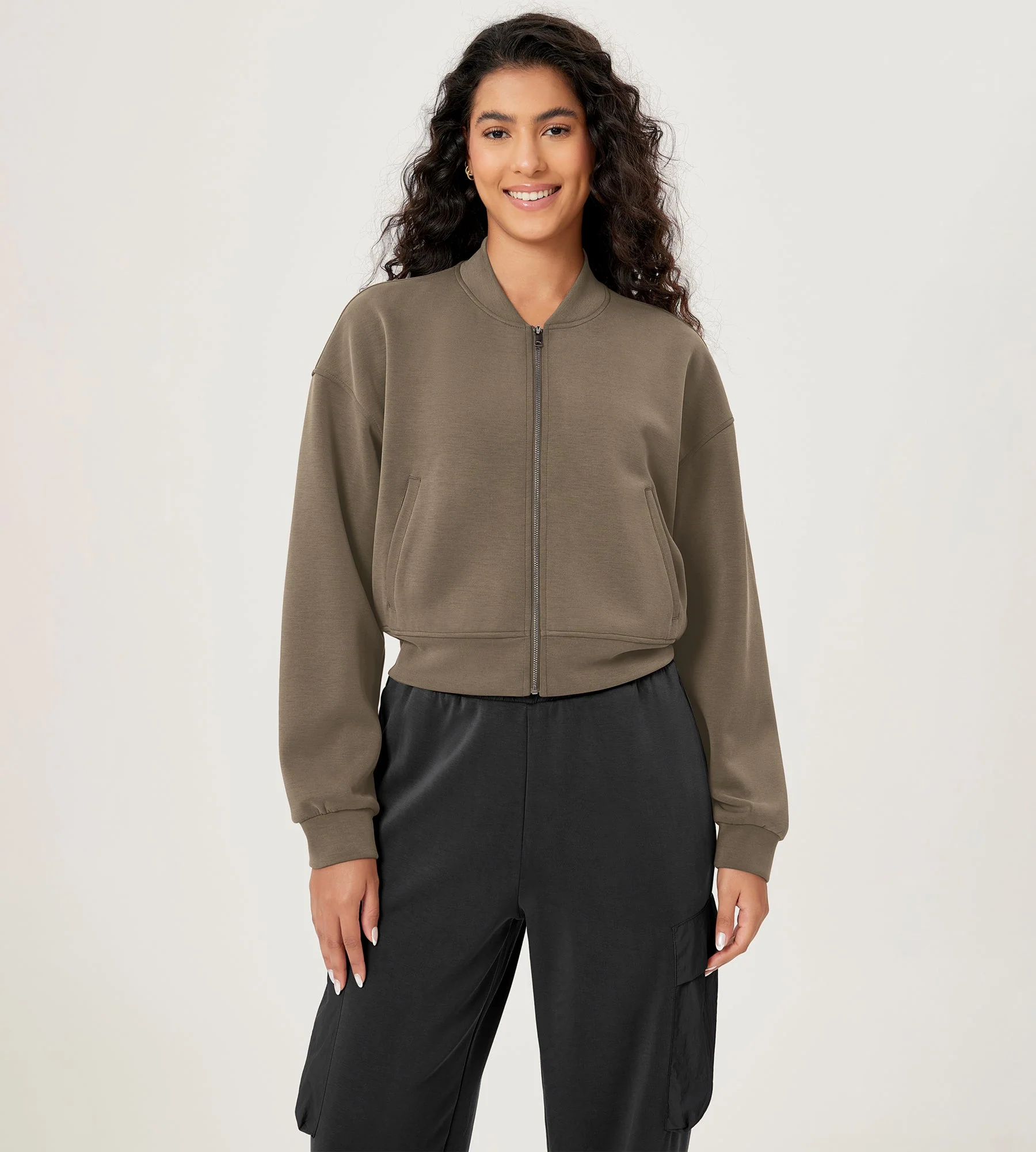 Modal Soft Full-Zip Bomber Casual Outfit Crop Jacket with Pockets - Image 22