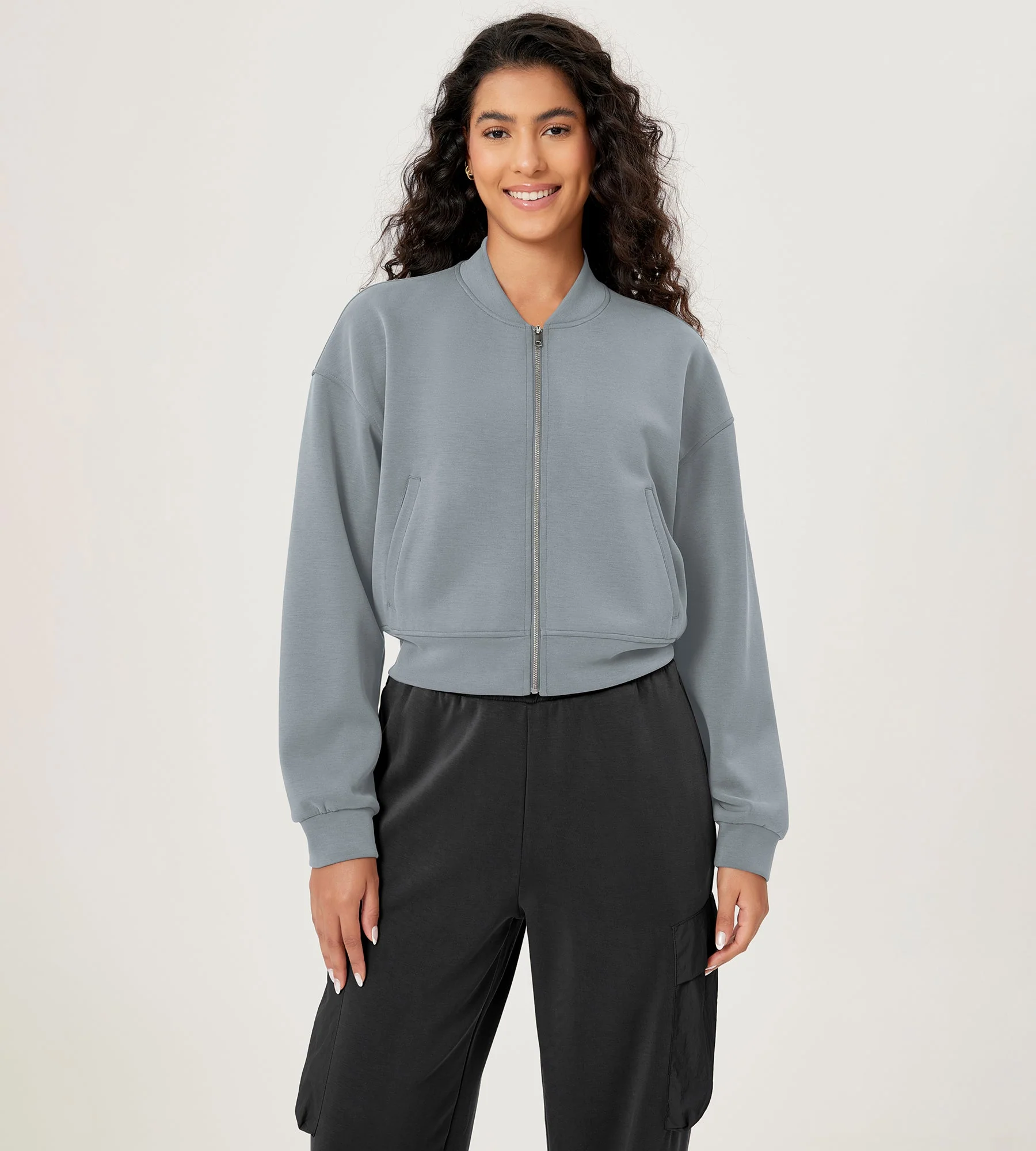 Modal Soft Full-Zip Bomber Casual Outfit Crop Jacket with Pockets - Image 25