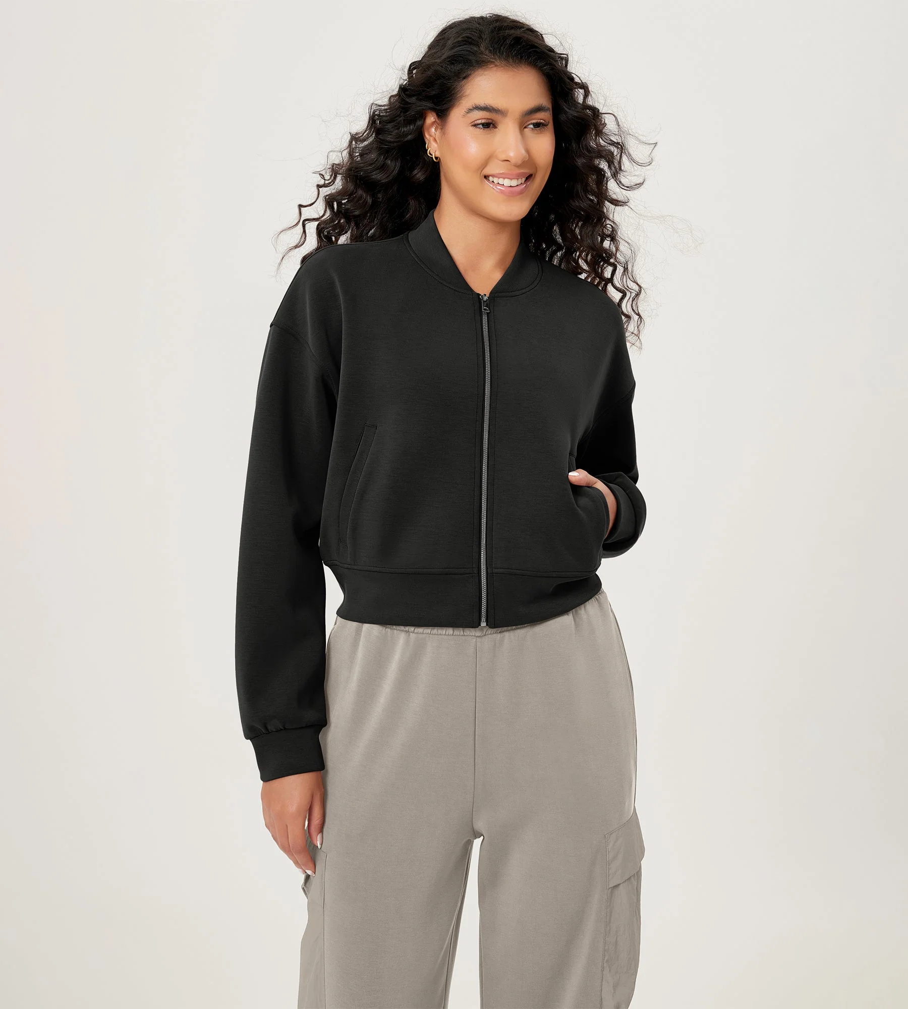 Modal Soft Full-Zip Bomber Casual Outfit Crop Jacket with Pockets - Image 5