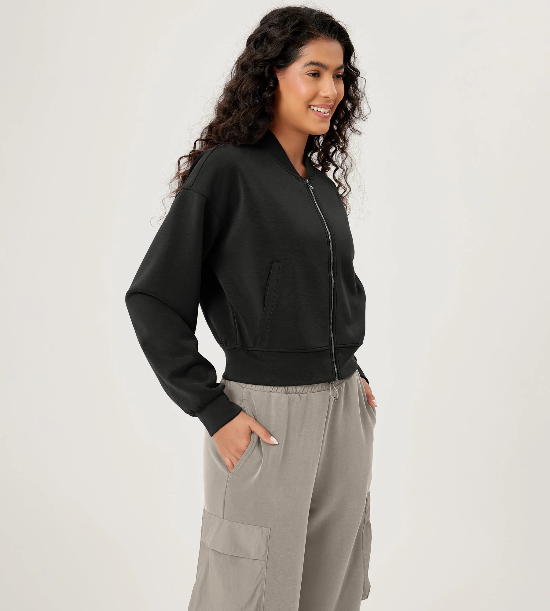 Modal Soft Full-Zip Bomber Casual Outfit Crop Jacket with Pockets - Image 7