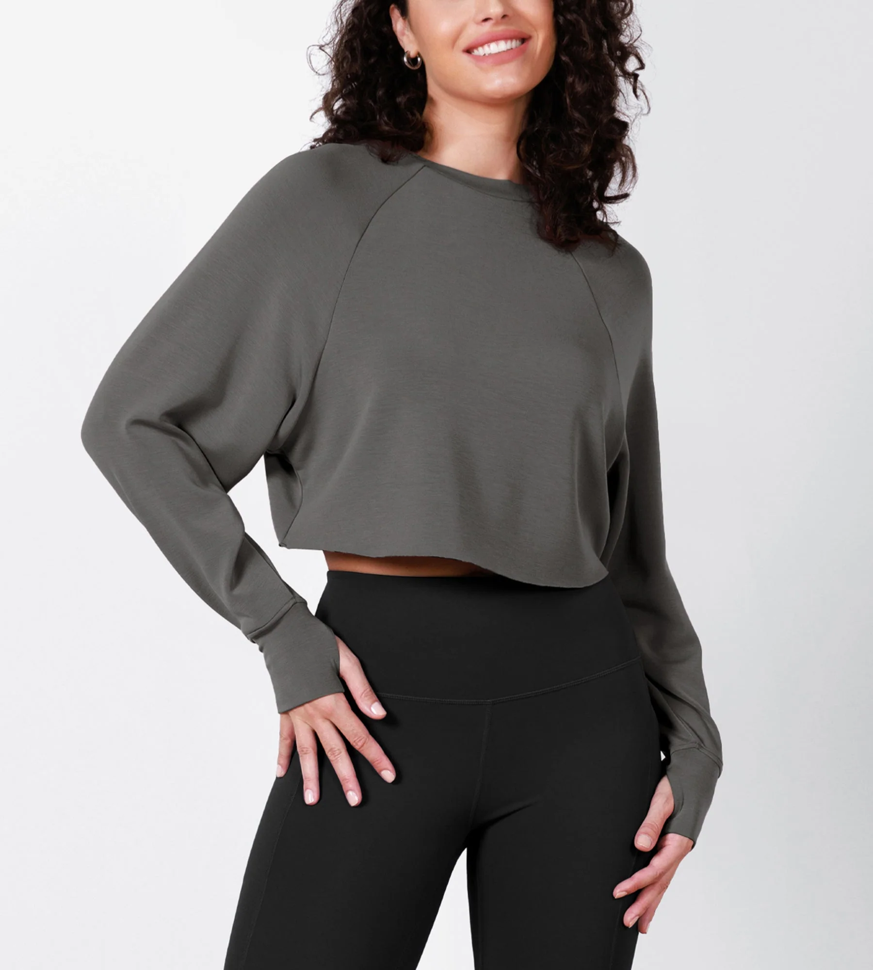 Modal Soft Long Sleeve Cropped Sweatshirts with Thumb Hole - Image 3