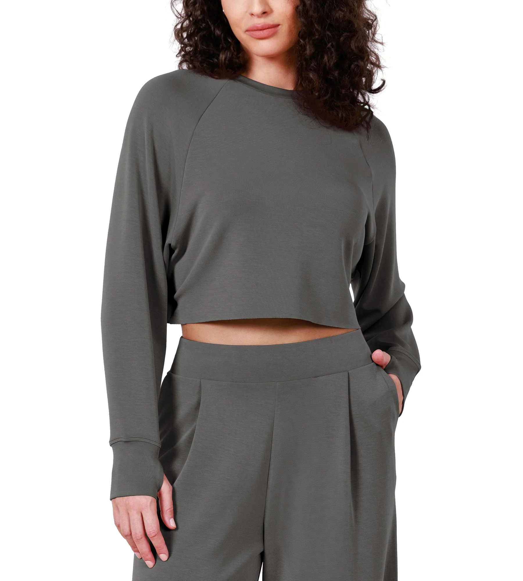 Modal Soft Long Sleeve Cropped Sweatshirts with Thumb Hole - Image 4