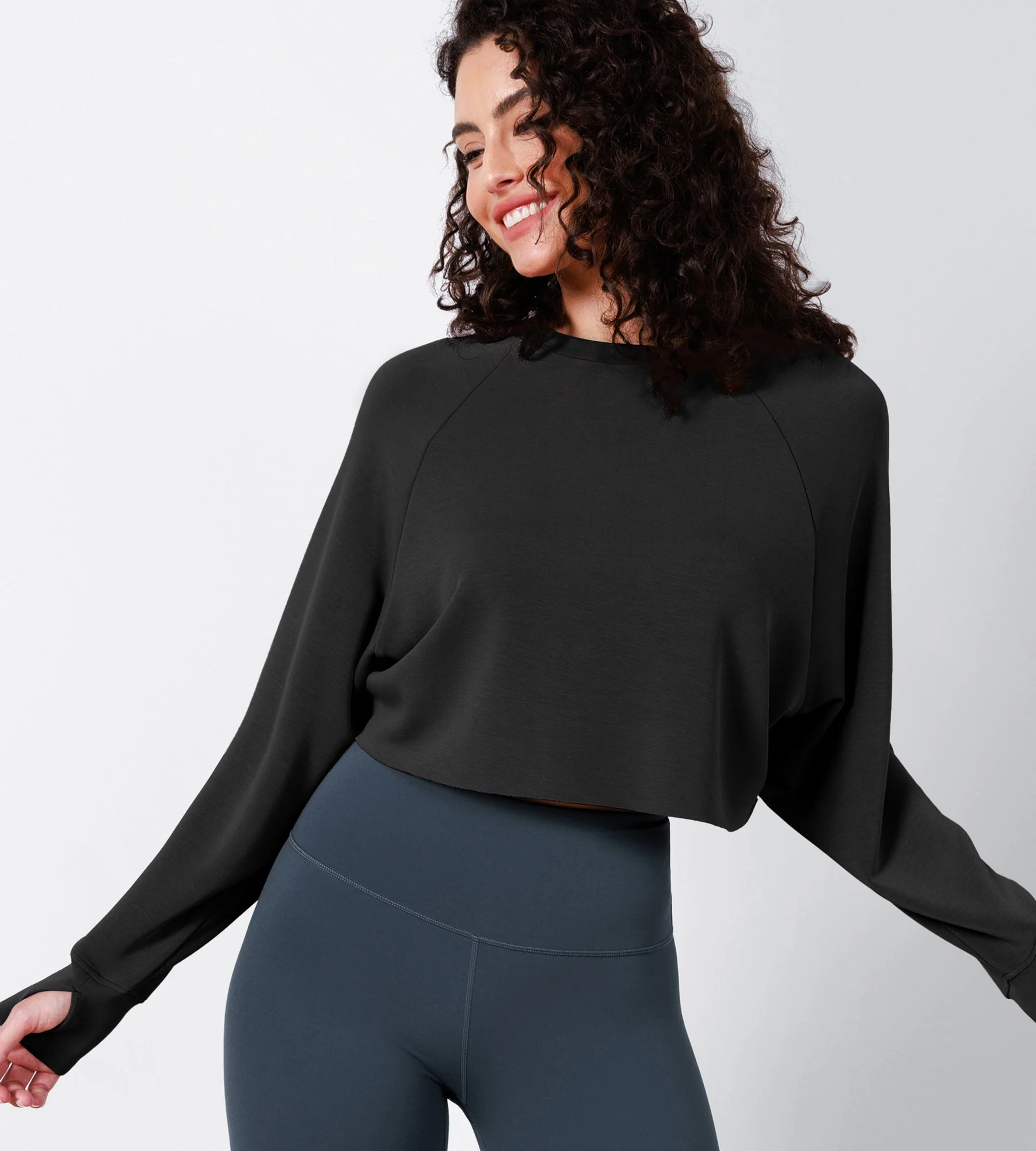 Modal Soft Long Sleeve Cropped Sweatshirts with Thumb Hole - Image 5