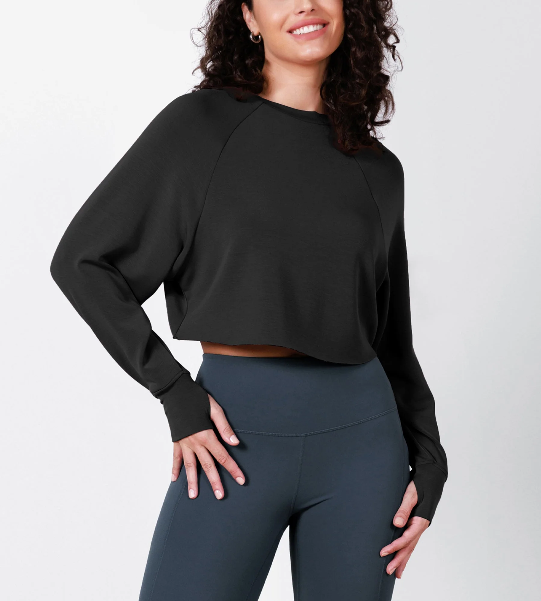 Modal Soft Long Sleeve Cropped Sweatshirts with Thumb Hole - Image 7