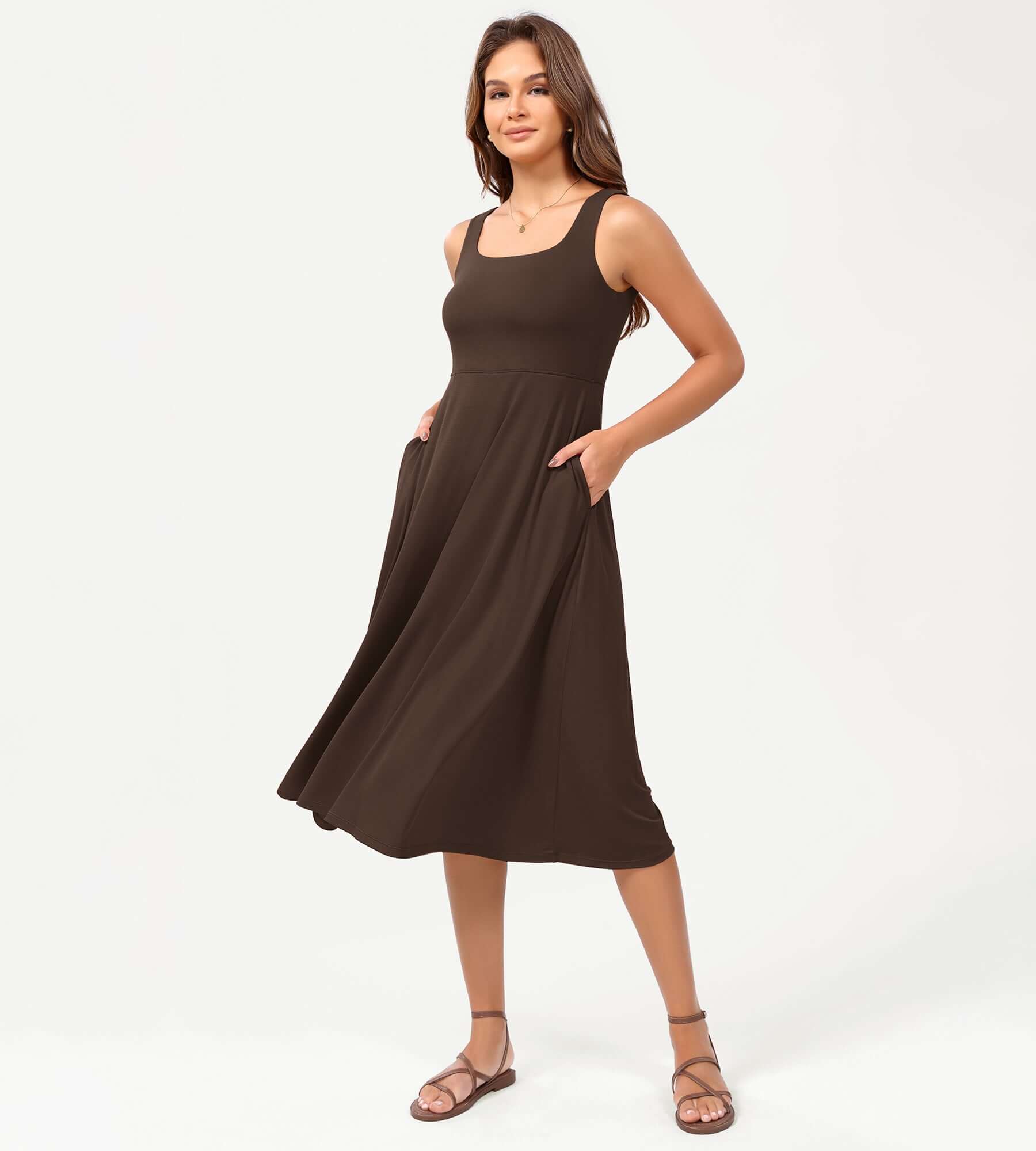 Square Neck Casual Sleeveless Sundress Flare Tank Dress with Pockets - Image 10