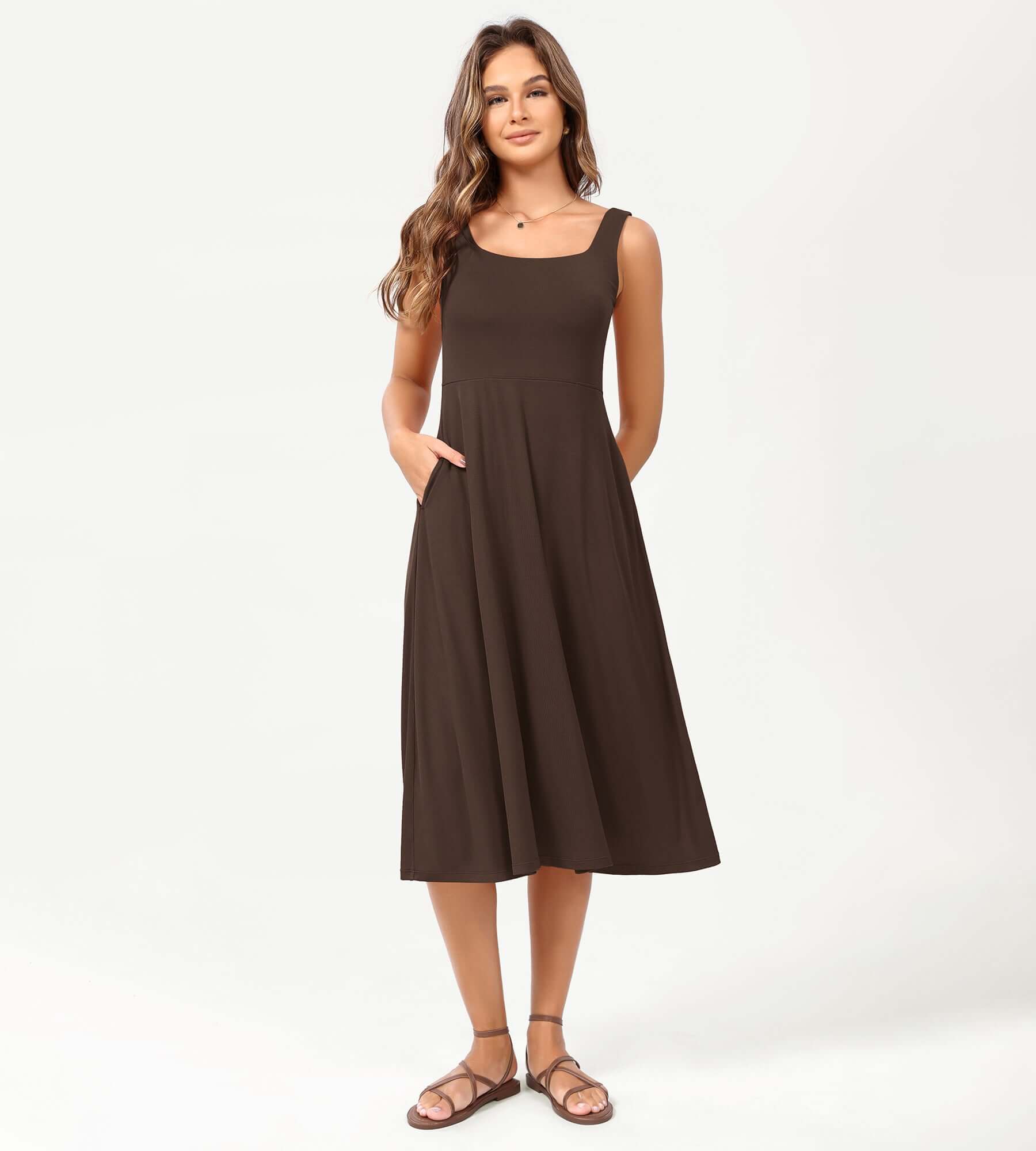 Square Neck Casual Sleeveless Sundress Flare Tank Dress with Pockets - Image 11