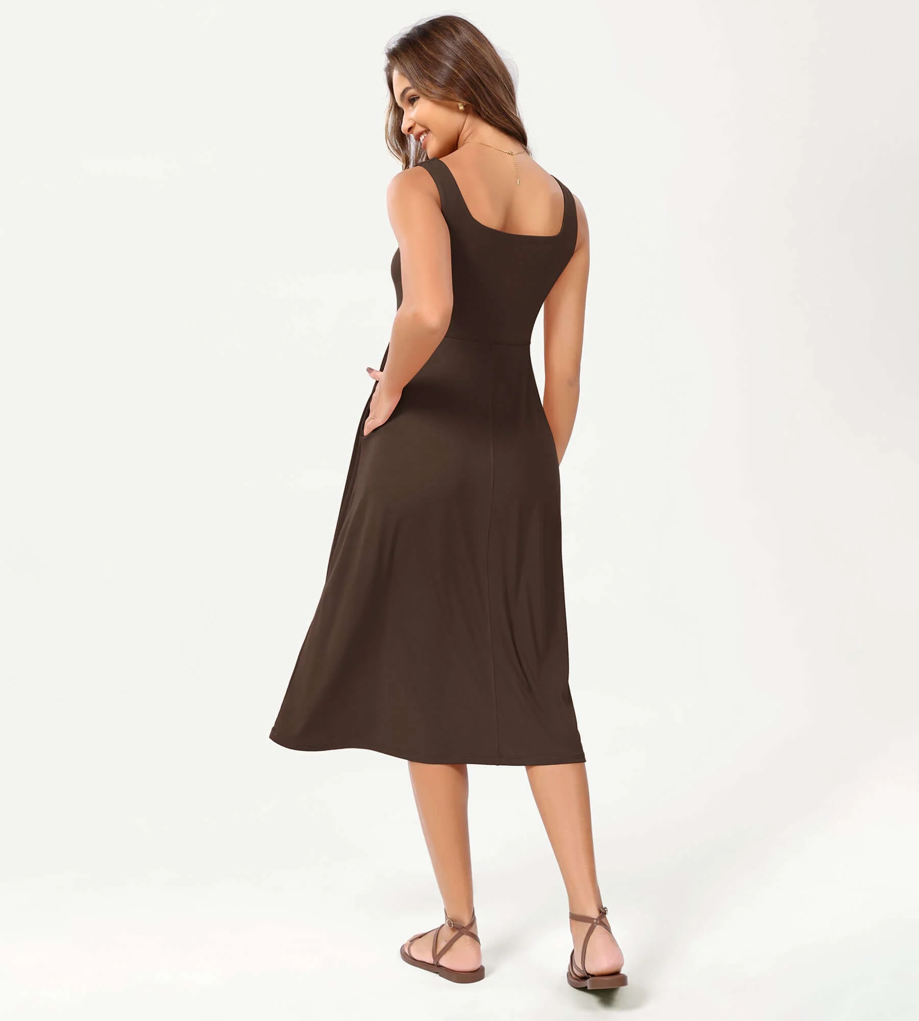 Square Neck Casual Sleeveless Sundress Flare Tank Dress with Pockets - Image 12