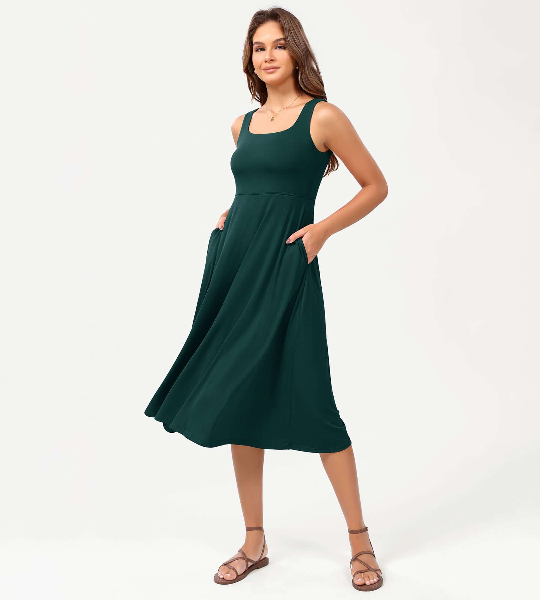 Square Neck Casual Sleeveless Sundress Flare Tank Dress with Pockets - Image 13