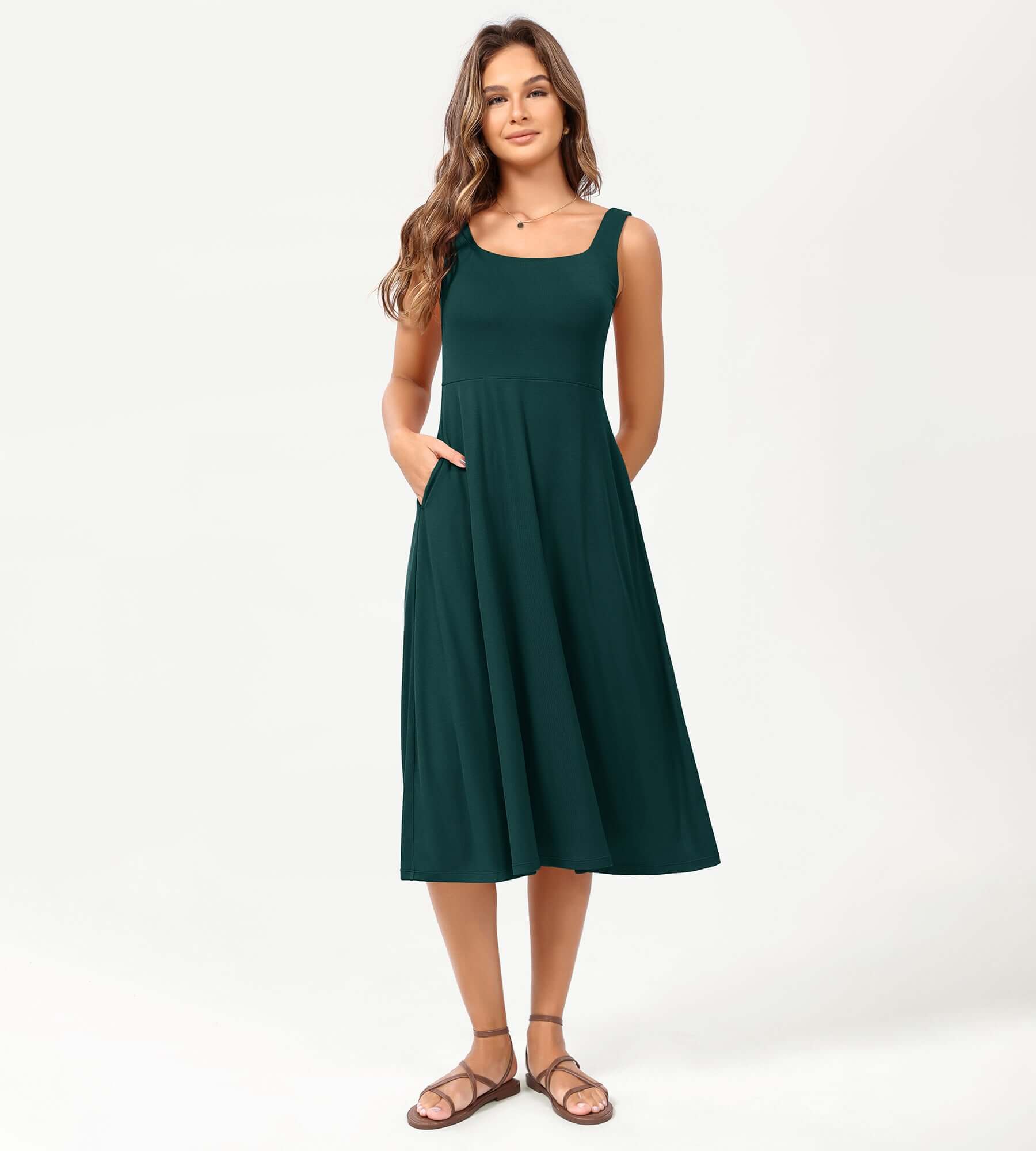 Square Neck Casual Sleeveless Sundress Flare Tank Dress with Pockets - Image 14