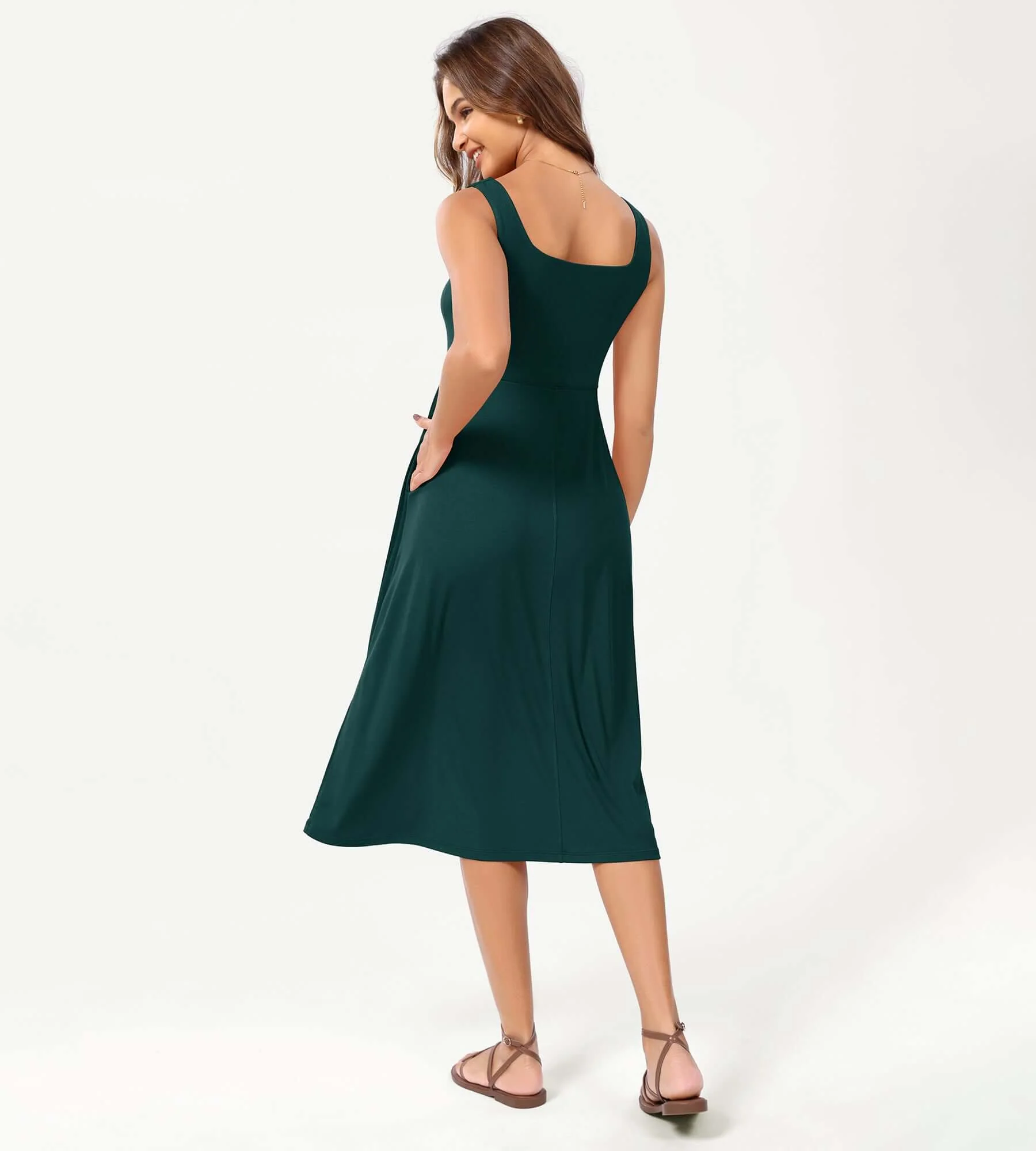 Square Neck Casual Sleeveless Sundress Flare Tank Dress with Pockets - Image 15