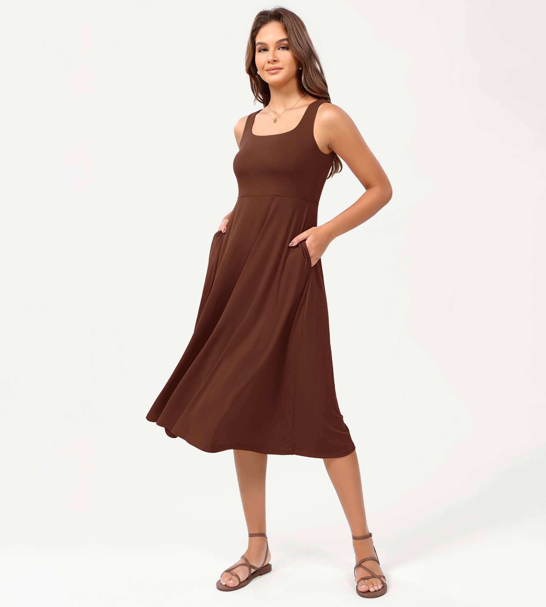 Square Neck Casual Sleeveless Sundress Flare Tank Dress with Pockets - Image 16