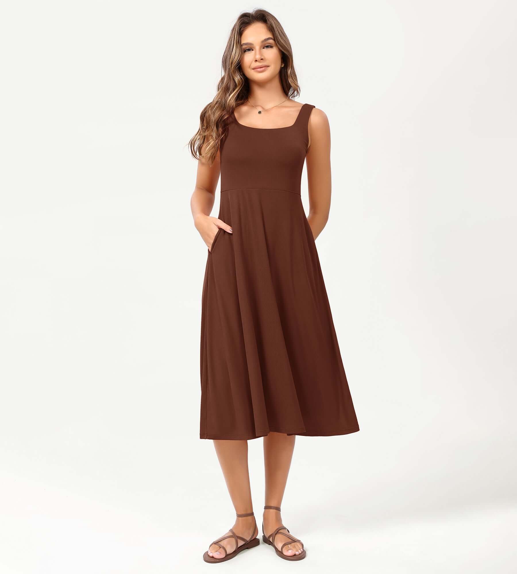 Square Neck Casual Sleeveless Sundress Flare Tank Dress with Pockets - Image 17