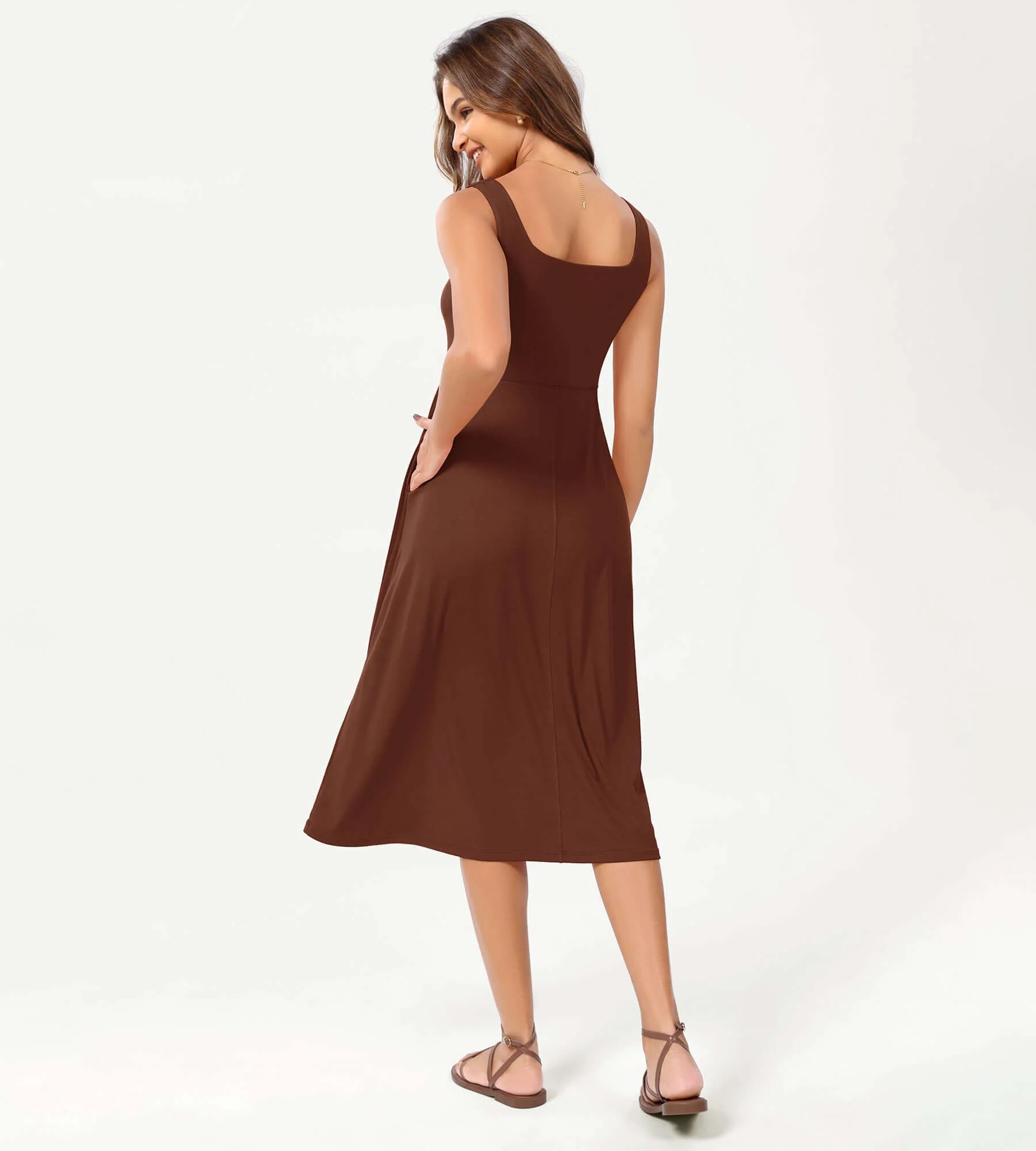 Square Neck Casual Sleeveless Sundress Flare Tank Dress with Pockets - Image 18