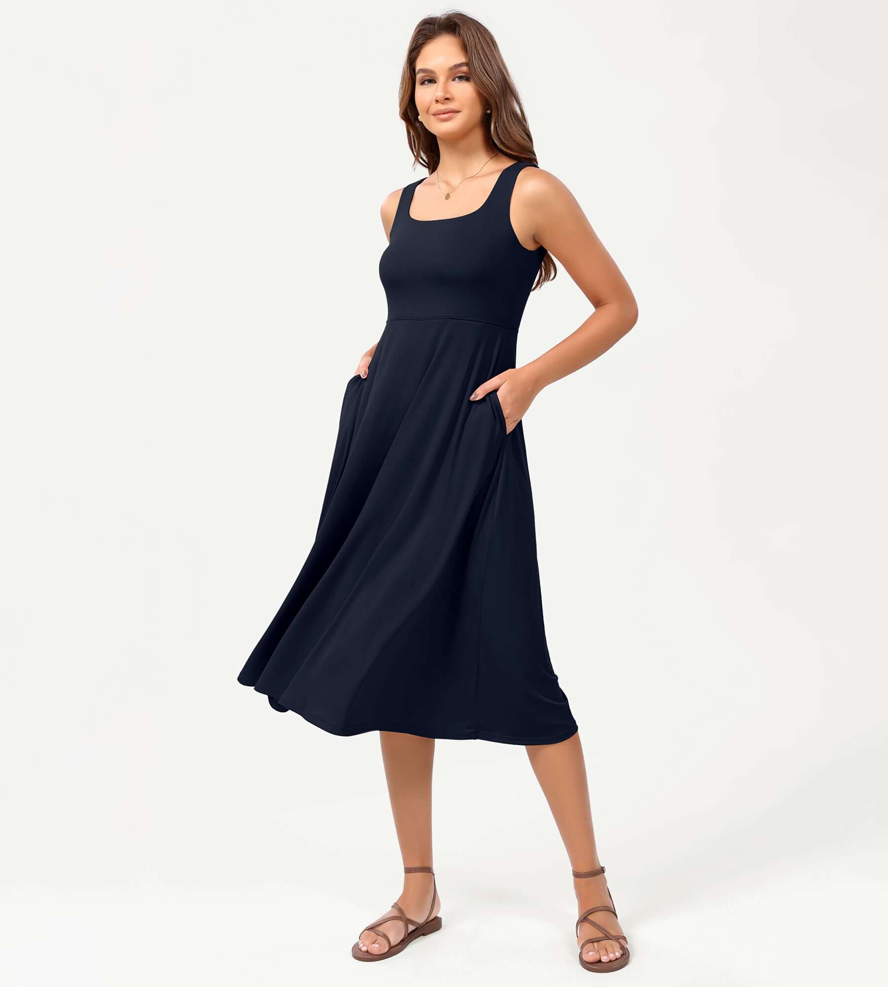 Square Neck Casual Sleeveless Sundress Flare Tank Dress with Pockets - Image 19