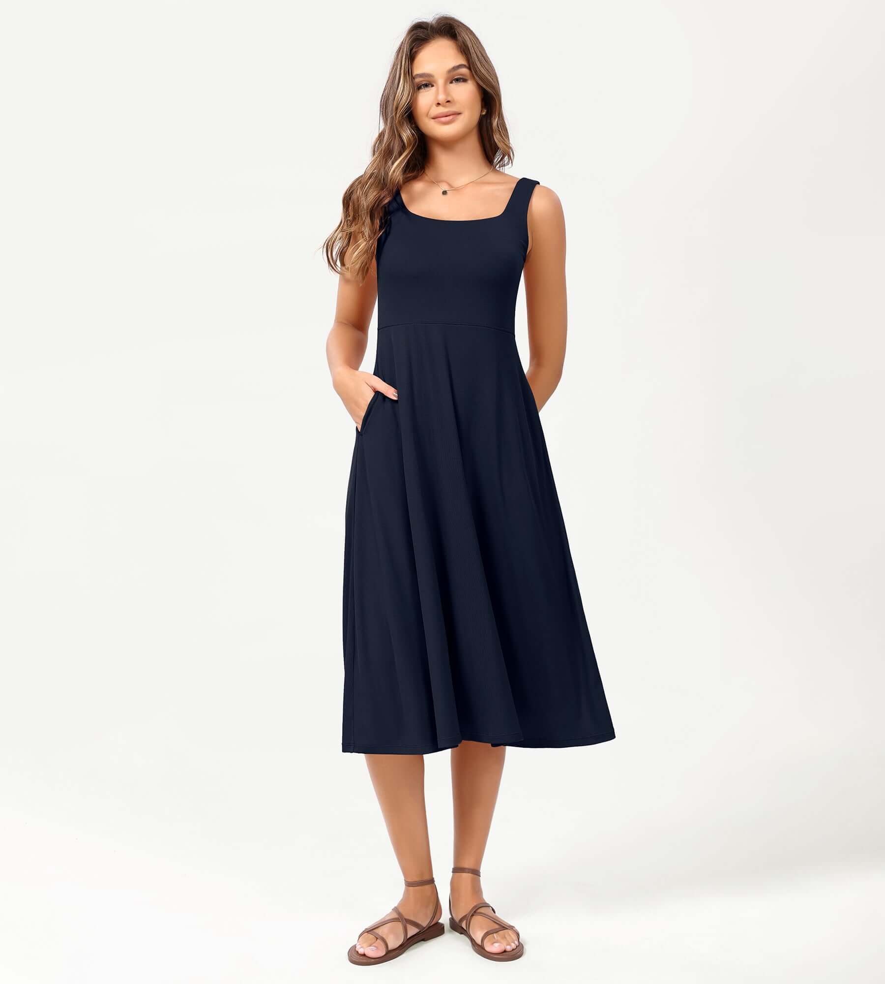 Square Neck Casual Sleeveless Sundress Flare Tank Dress with Pockets - Image 20