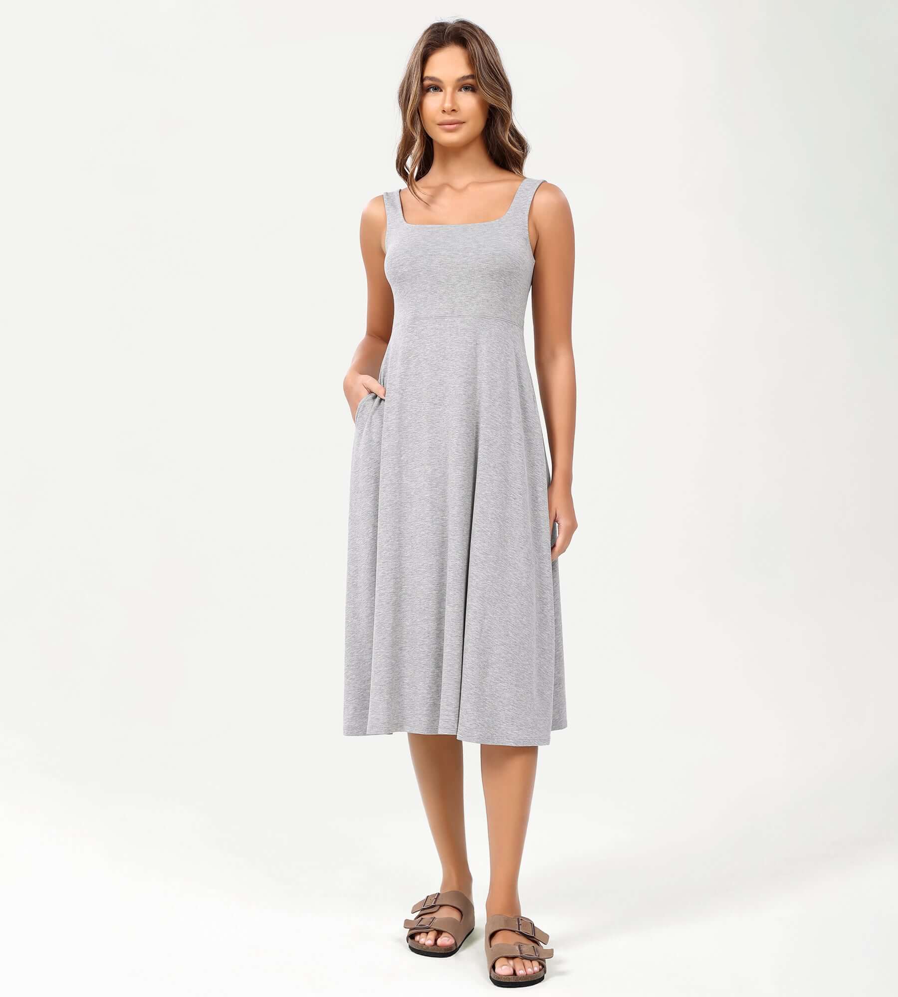 Square Neck Casual Sleeveless Sundress Flare Tank Dress with Pockets - Image 22
