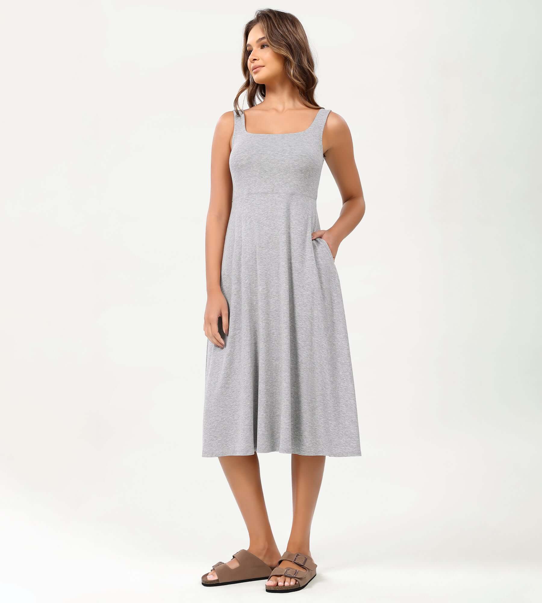 Square Neck Casual Sleeveless Sundress Flare Tank Dress with Pockets - Image 23