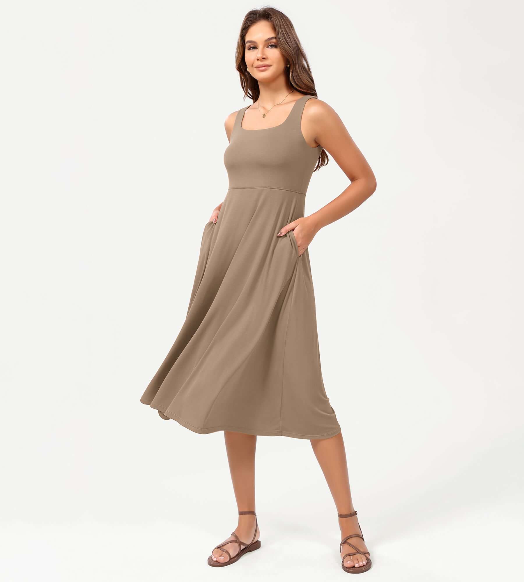 Square Neck Casual Sleeveless Sundress Flare Tank Dress with Pockets - Image 25