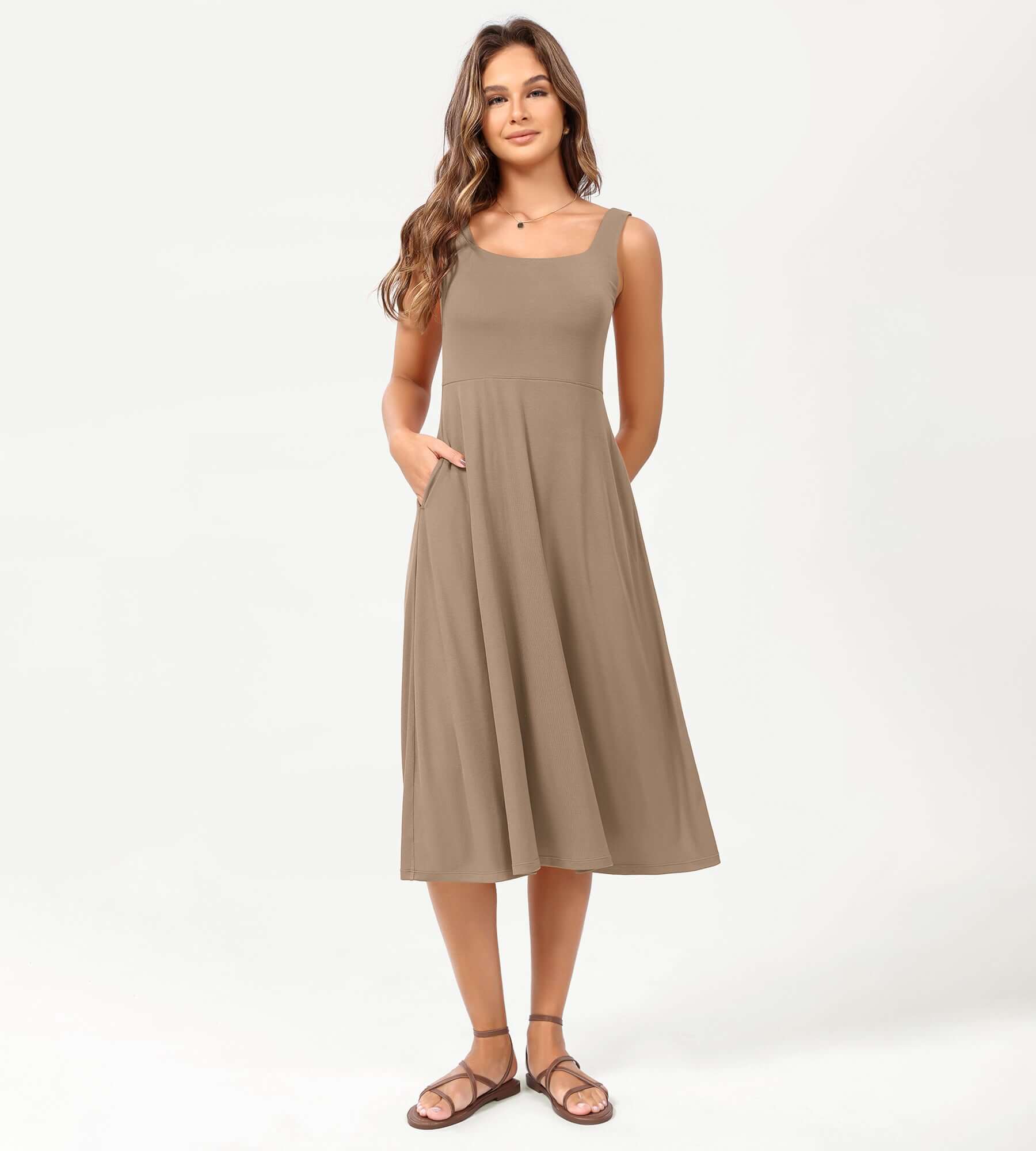 Square Neck Casual Sleeveless Sundress Flare Tank Dress with Pockets - Image 26