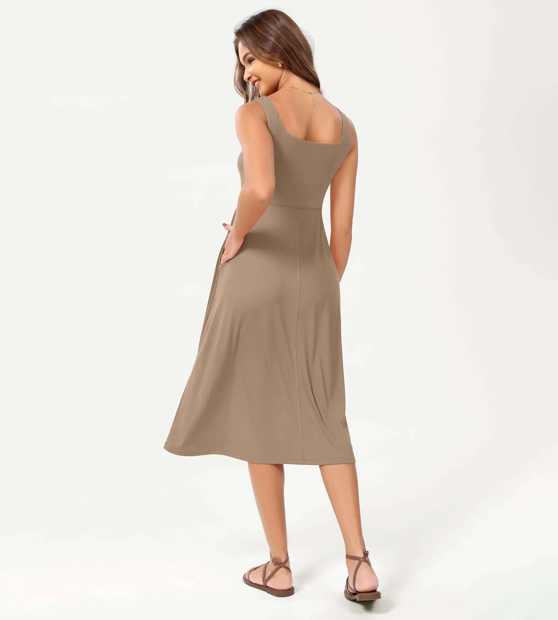 Square Neck Casual Sleeveless Sundress Flare Tank Dress with Pockets - Image 27