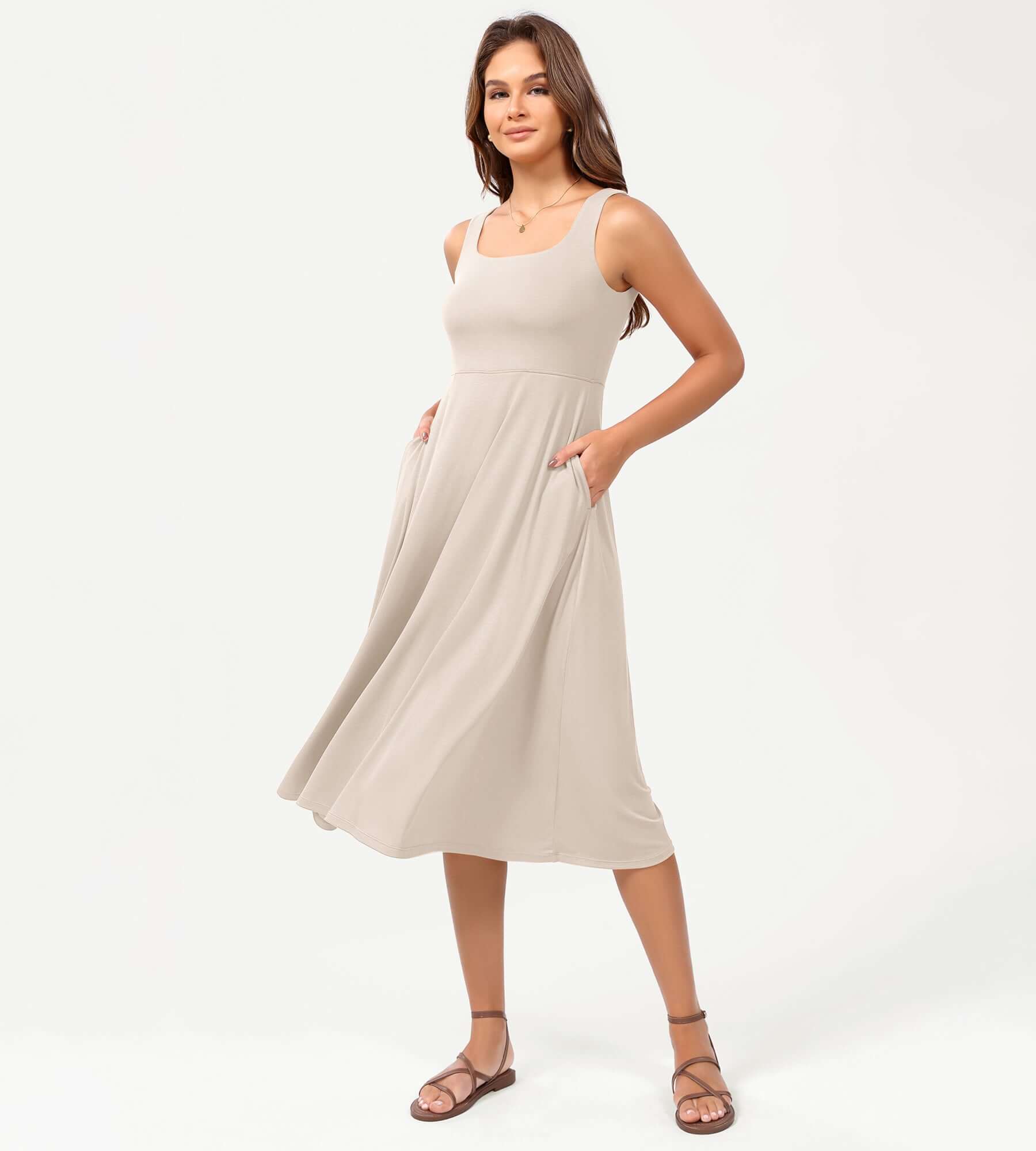 Square Neck Casual Sleeveless Sundress Flare Tank Dress with Pockets - Image 28