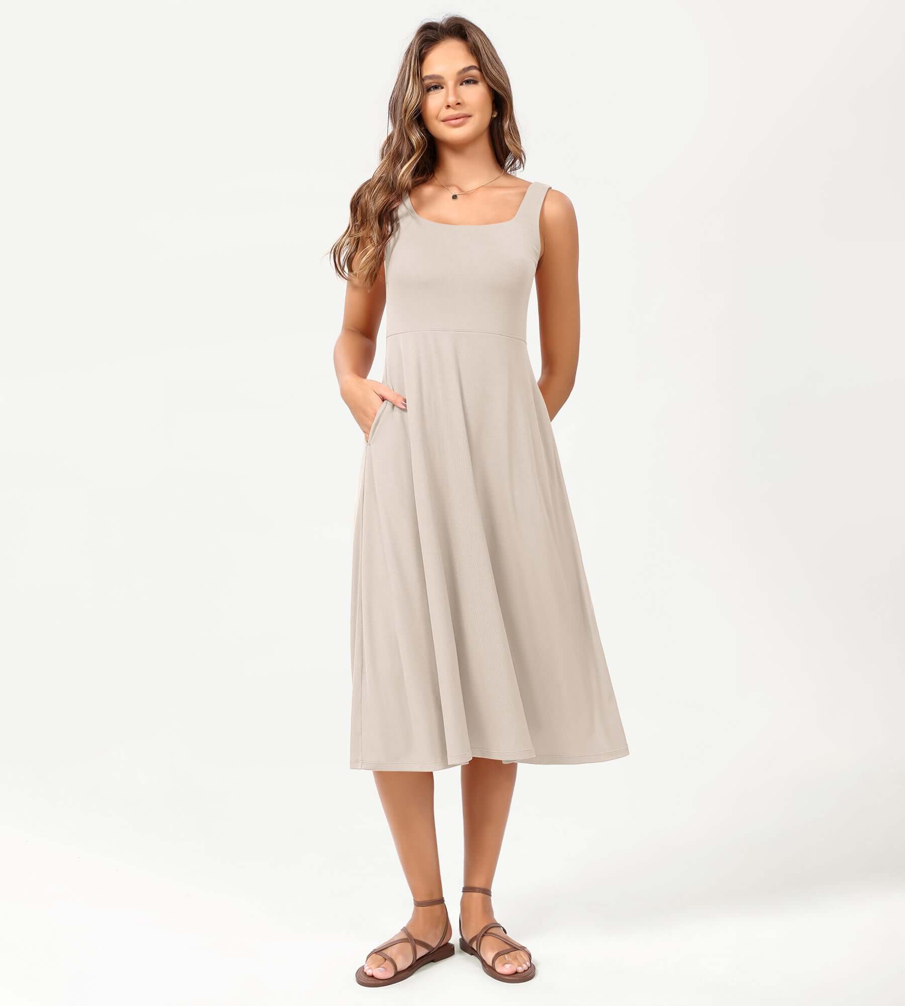 Square Neck Casual Sleeveless Sundress Flare Tank Dress with Pockets - Image 29