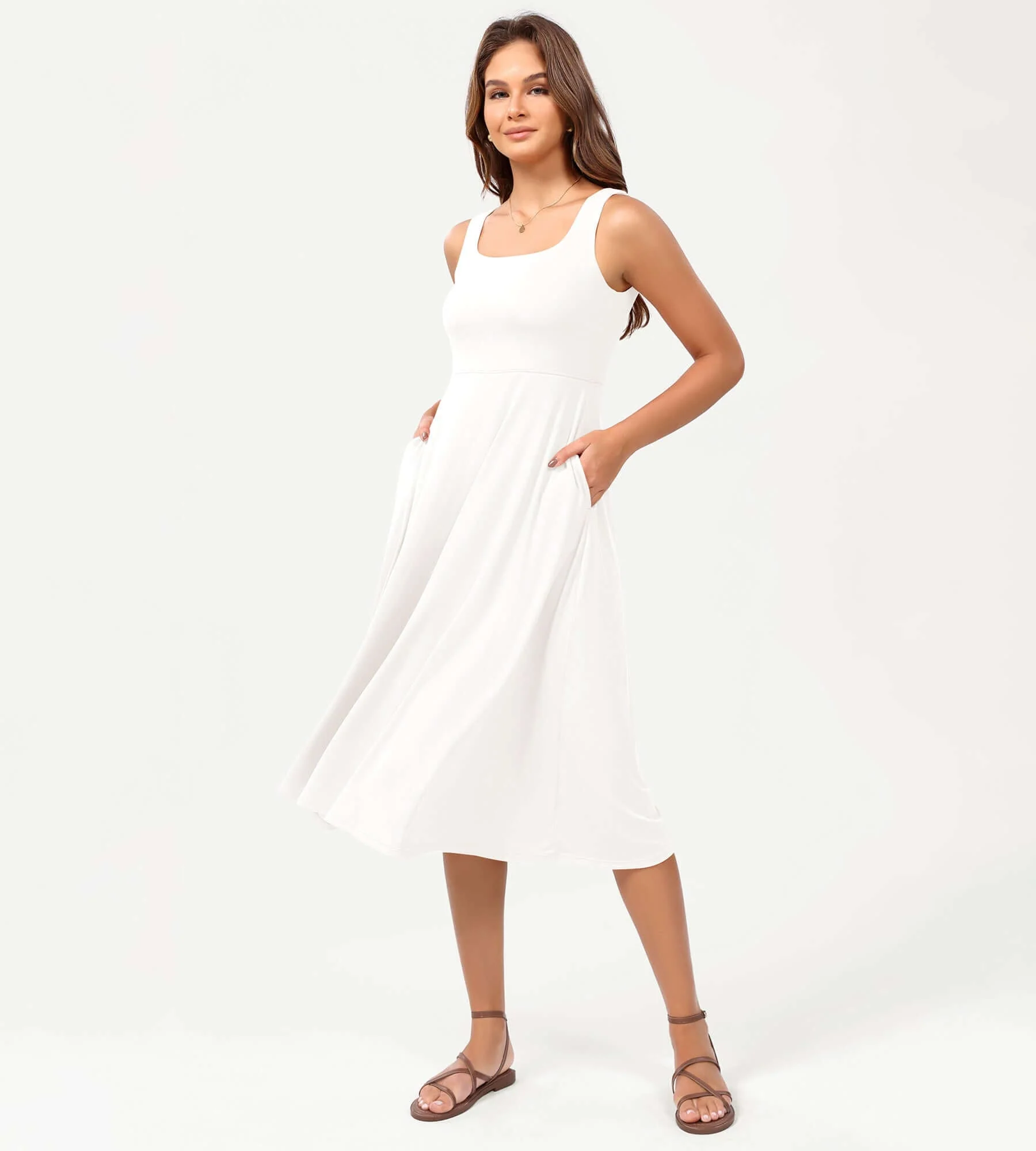 Square Neck Casual Sleeveless Sundress Flare Tank Dress with Pockets - Image 31