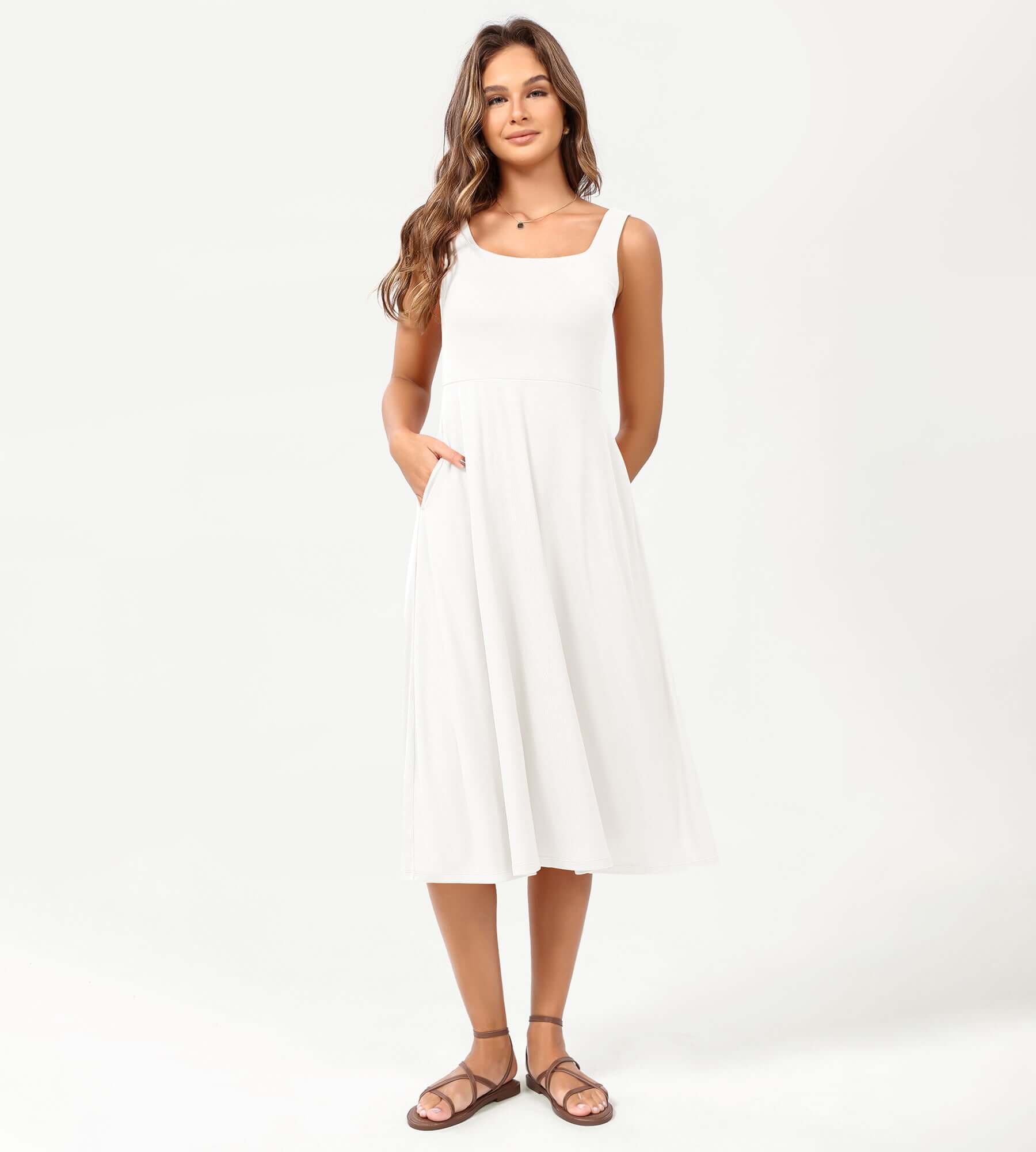 Square Neck Casual Sleeveless Sundress Flare Tank Dress with Pockets - Image 32