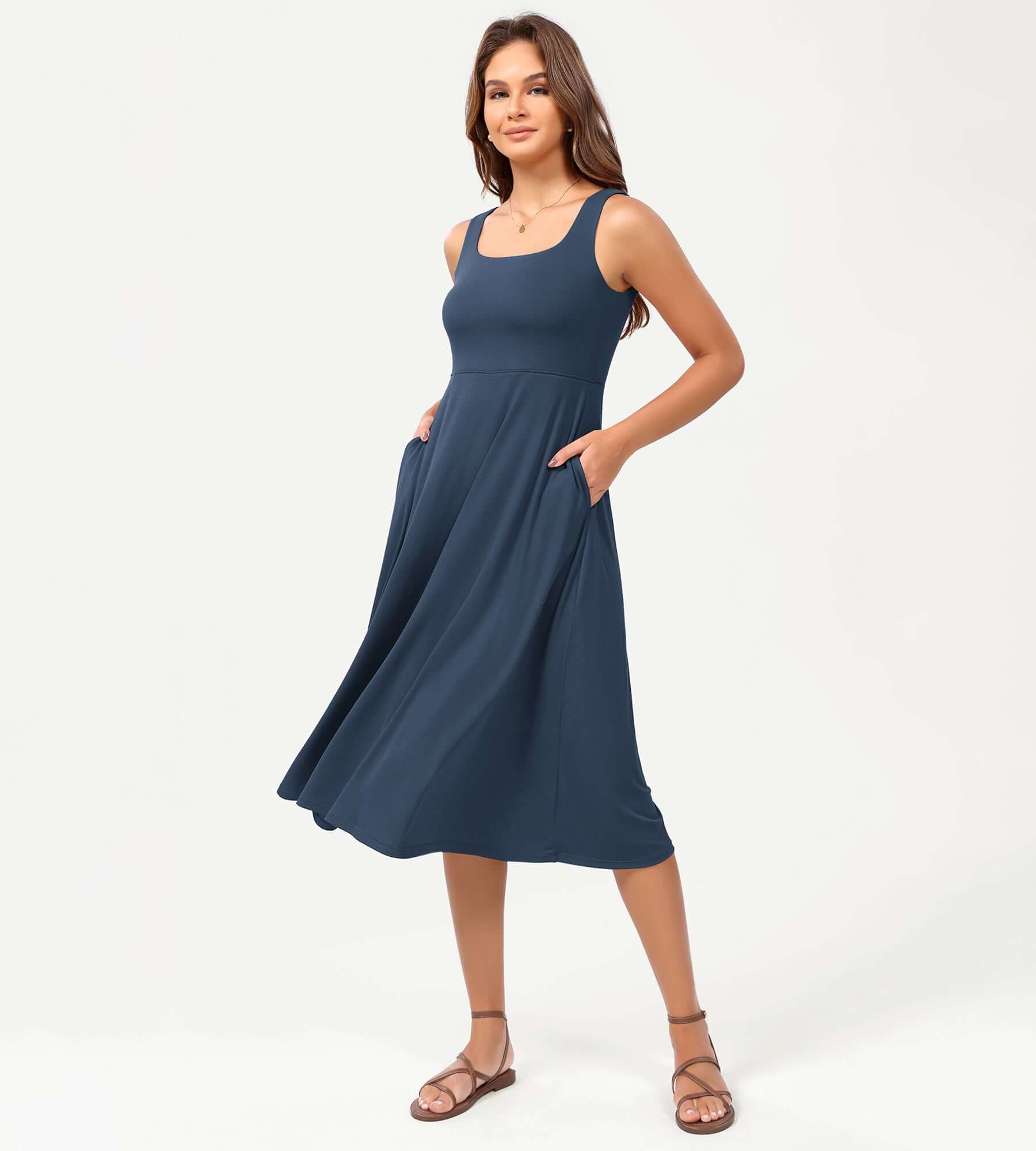 Square Neck Casual Sleeveless Sundress Flare Tank Dress with Pockets - Image 34