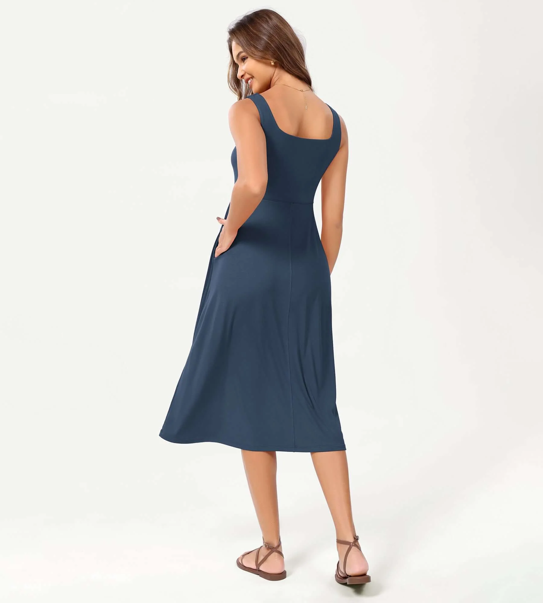 Square Neck Casual Sleeveless Sundress Flare Tank Dress with Pockets - Image 35